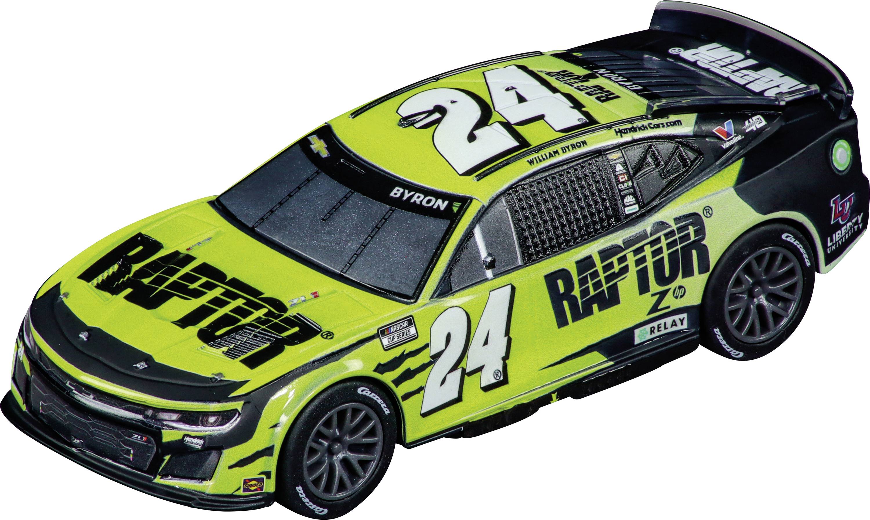A lime green racing car model with the number 24 and the text 'RAPTOR' on the side.