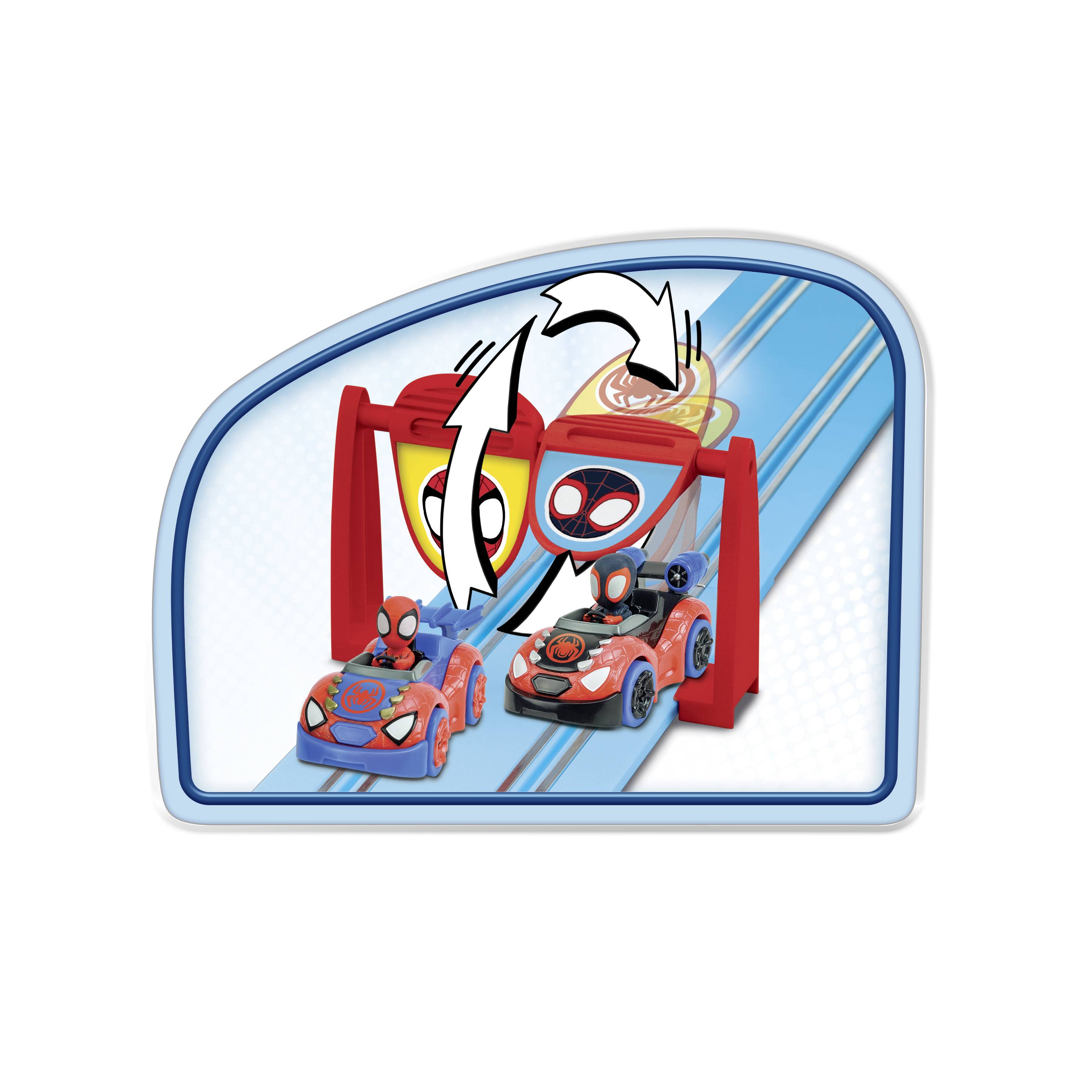 Two toy cars with superhero themes race down a blue racing track. A red gate with arrows indicates the racing direction.