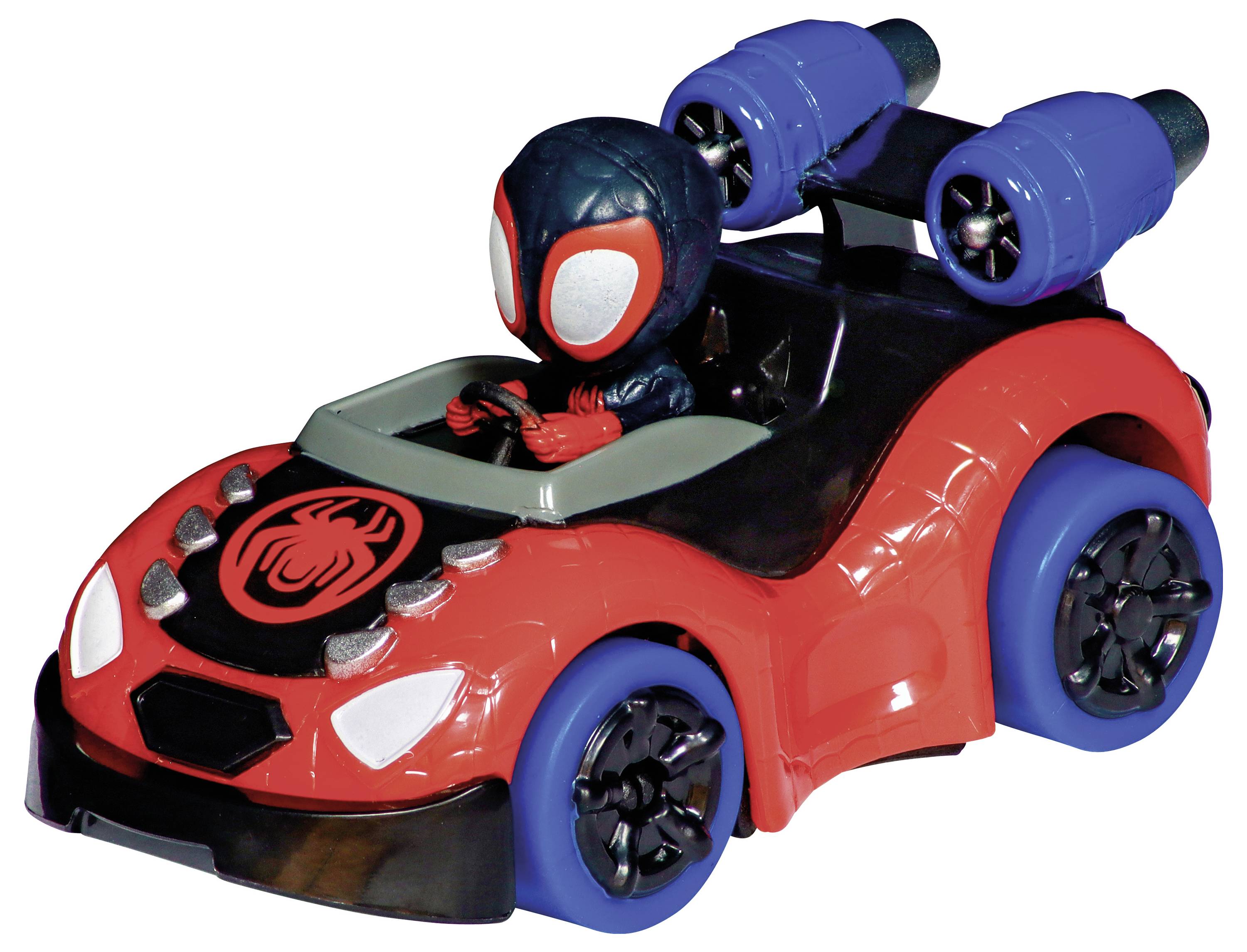 A red toy car with blue wheels. A figure sits inside wearing a black suit with large white eyes. A spider symbol is displayed on the bonnet.