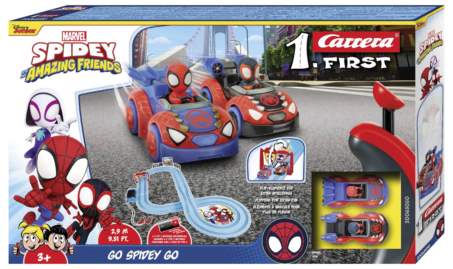 Toy Racing Track Set 'Spidey and His Super Friends' with two Spidey Cars and Remote Control. The track is illustrated on the packaging.