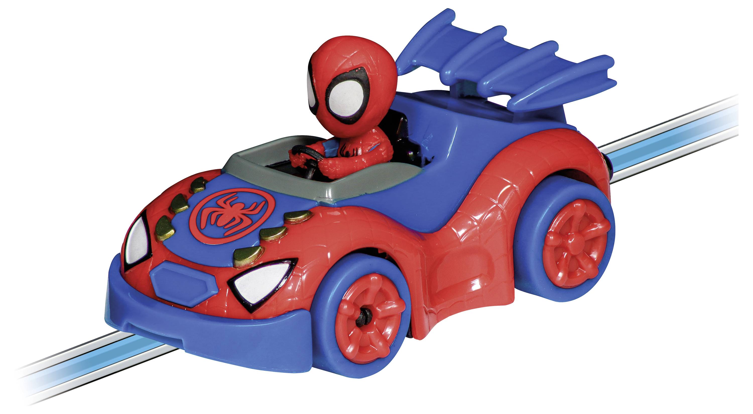 A toy car in a Spider Hero design on a track. It is red and blue and is being controlled by a small, matching figurine.