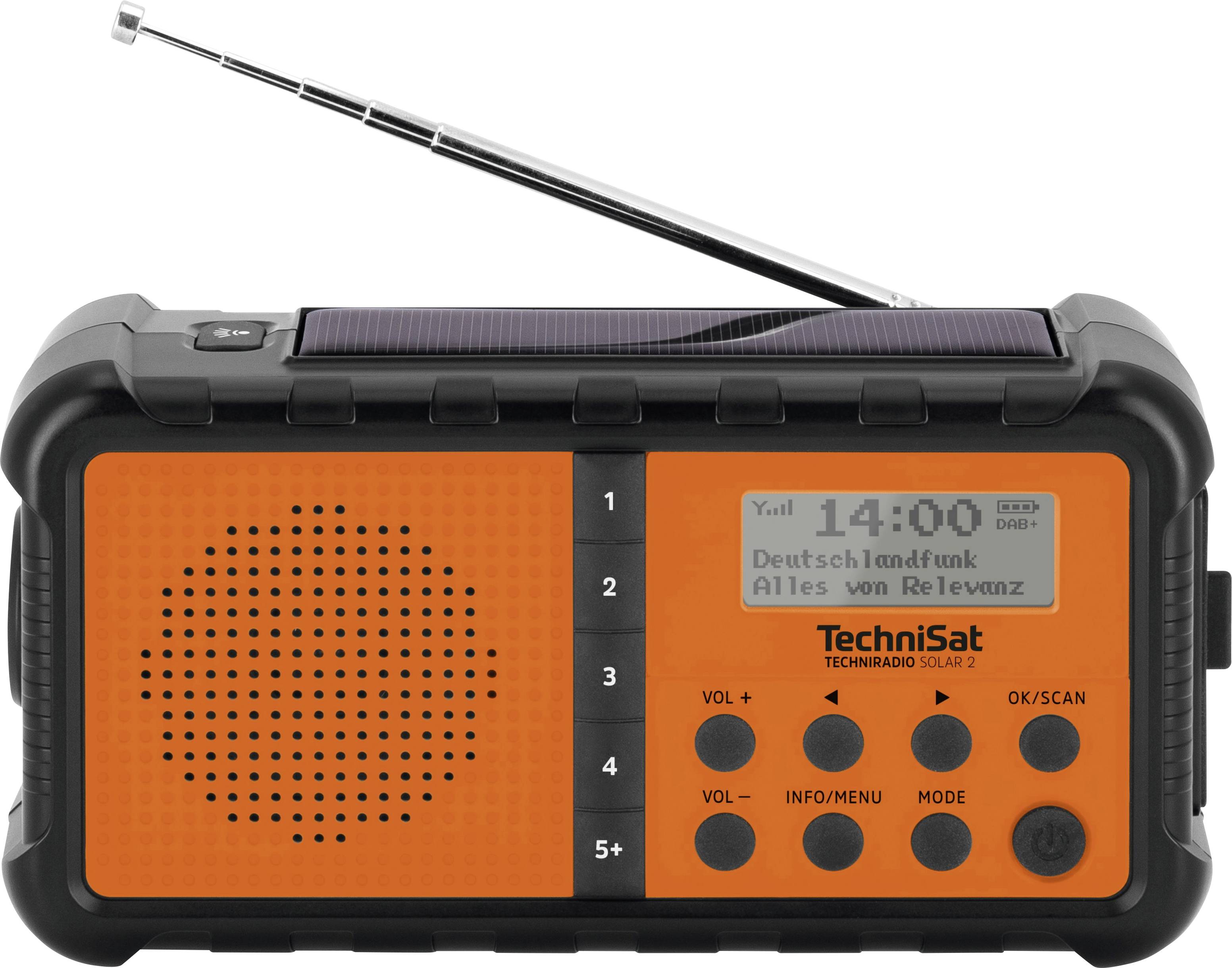 TechniSat TECHNIRADIO SOLAR 2 Desk radio DAB+, FM USB Solar panel, Crank, Torch, rechargeable, splashproof Orange black