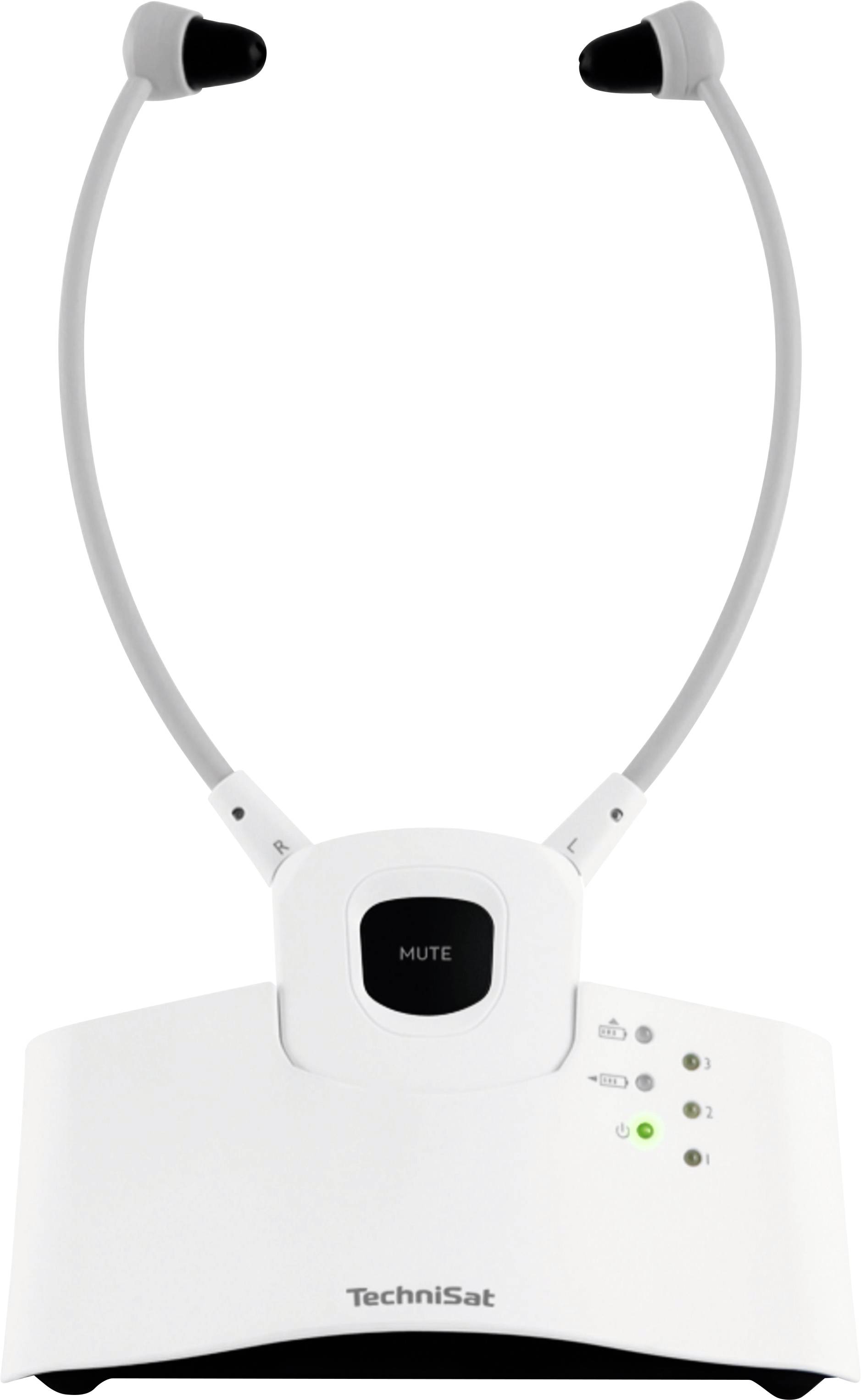 Wireless headphones with a radio receiver and control buttons on a white base, suitable for televisions or audio systems.