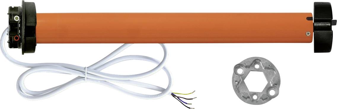 Orange roller shutter motor with cable and metal bracket, suitable for electric roller blinds. Shows connection wires and mounting plate.