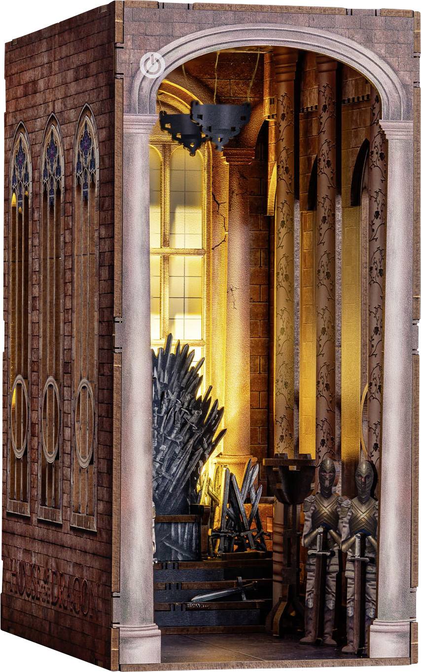 A detailed diorama depicts the throne room with an Iron Throne, flanked by two knights in armour, within a Gothic chamber.