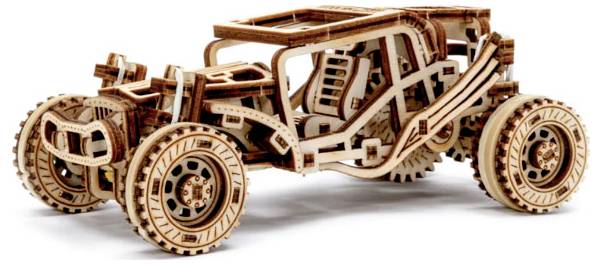 A detailed wooden model car with visible gear mechanism and a complex structured frame.