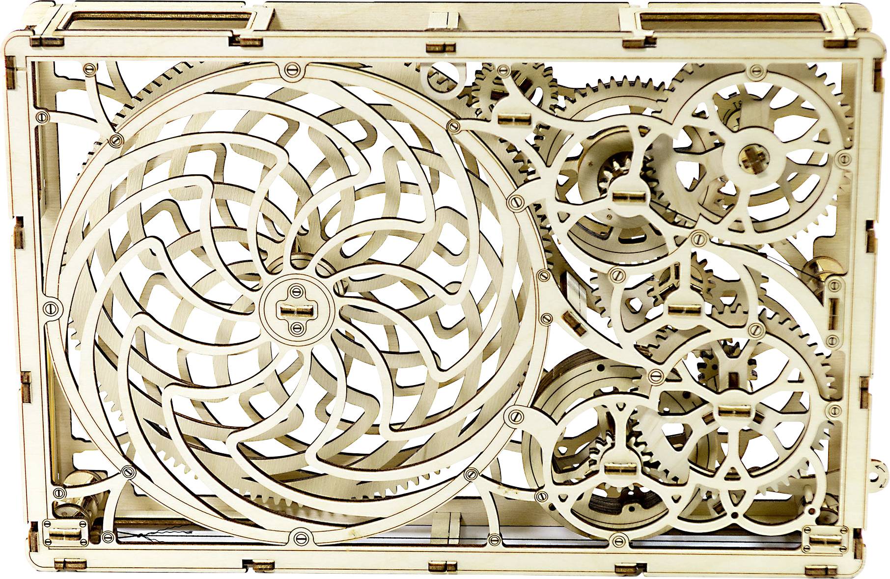 Wooden construction with a complex gear system and spiral design. Demonstrates intricate mechanical movements.