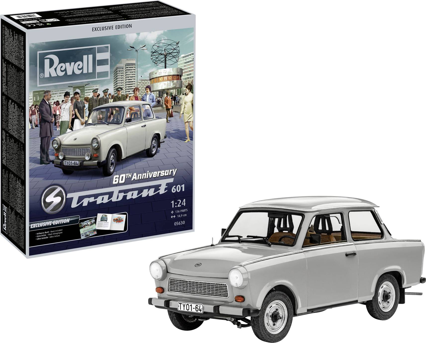 Model kit of a Trabant 601 in 1:24 scale to commemorate its 60th anniversary, with packaging. Diecast model in grey with detailed reproduction.