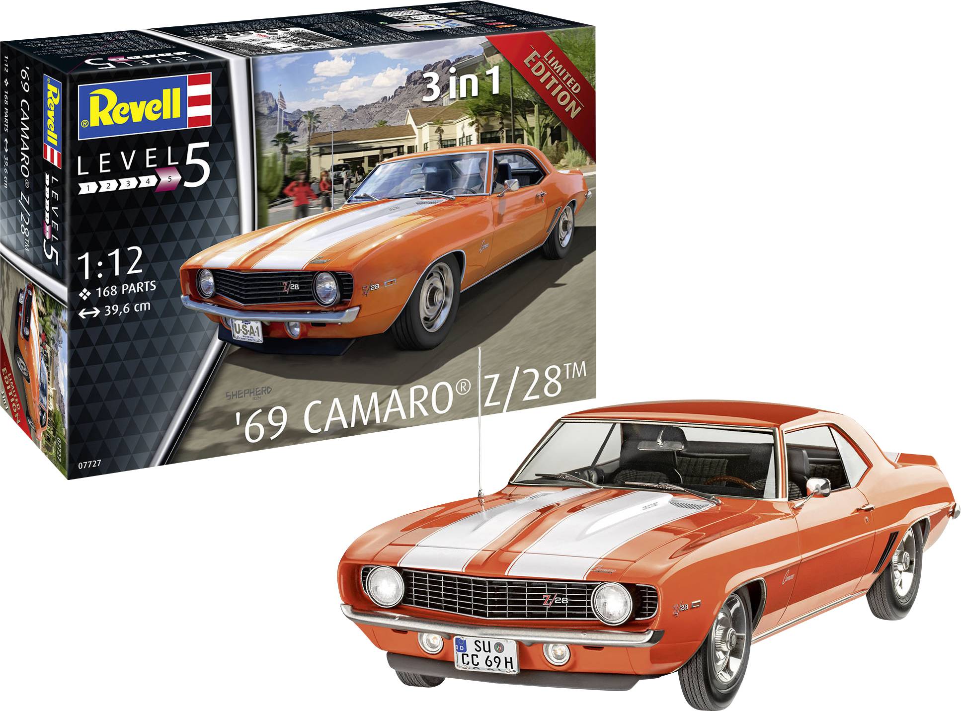 Kit of a '69 Camaro Z/28' by Revell, scale 1:12, shows an orange and white striped model car. Contains 168 parts.