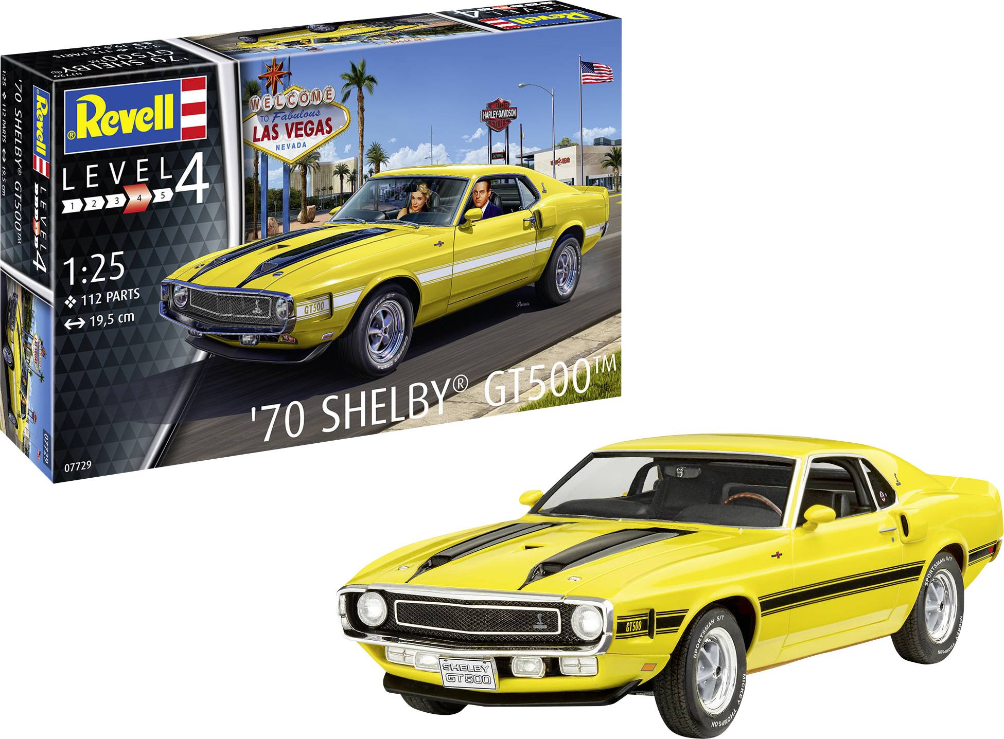 Model kit of a yellow '70 Shelby® GT500™ with black stripes. Packaging shows car in a street scene in Las Vegas.