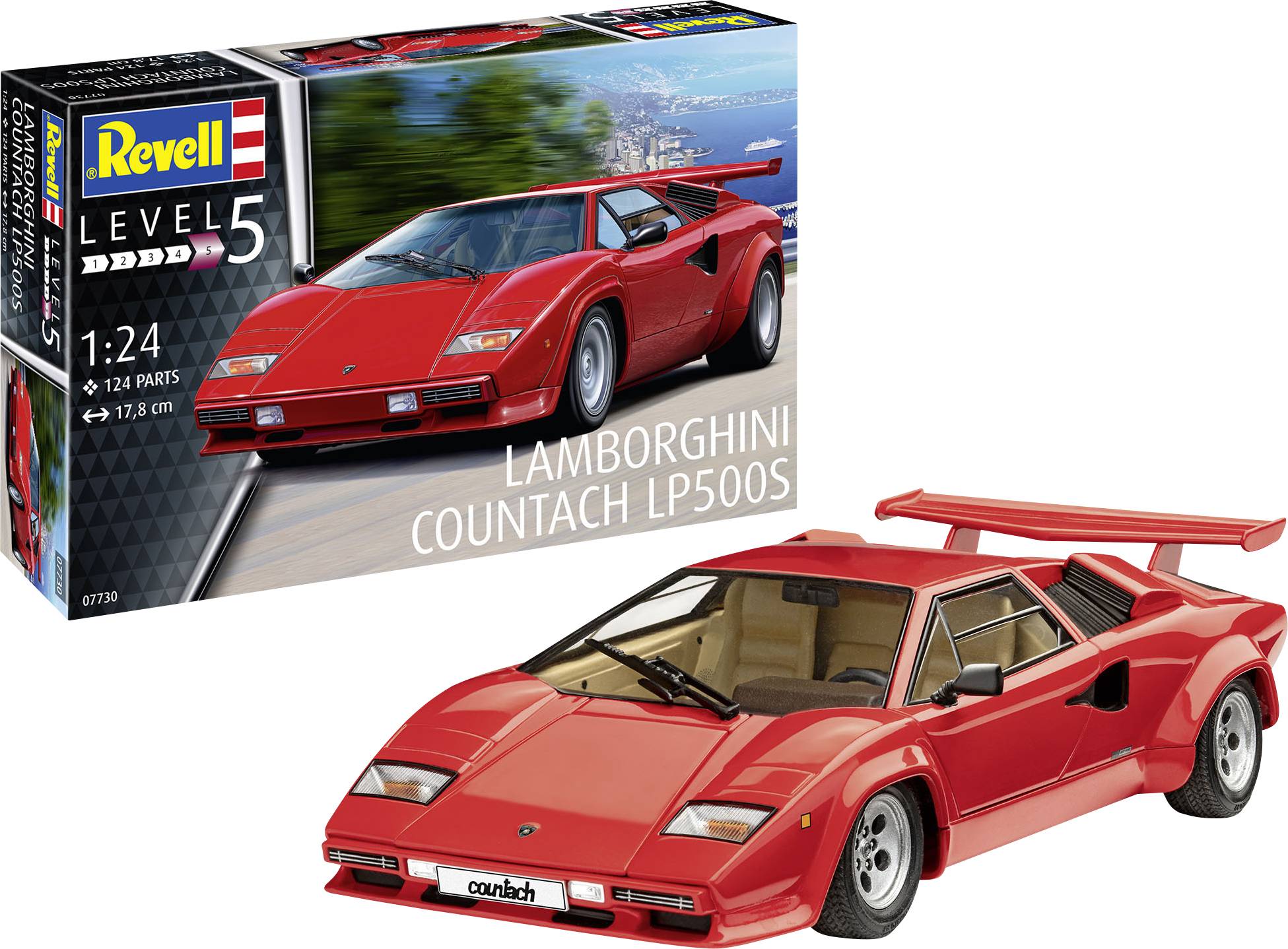 A red Lamborghini Countach LP500S model car by Revell, scale 1:24, positioned next to its packaging, which depicts the same car.