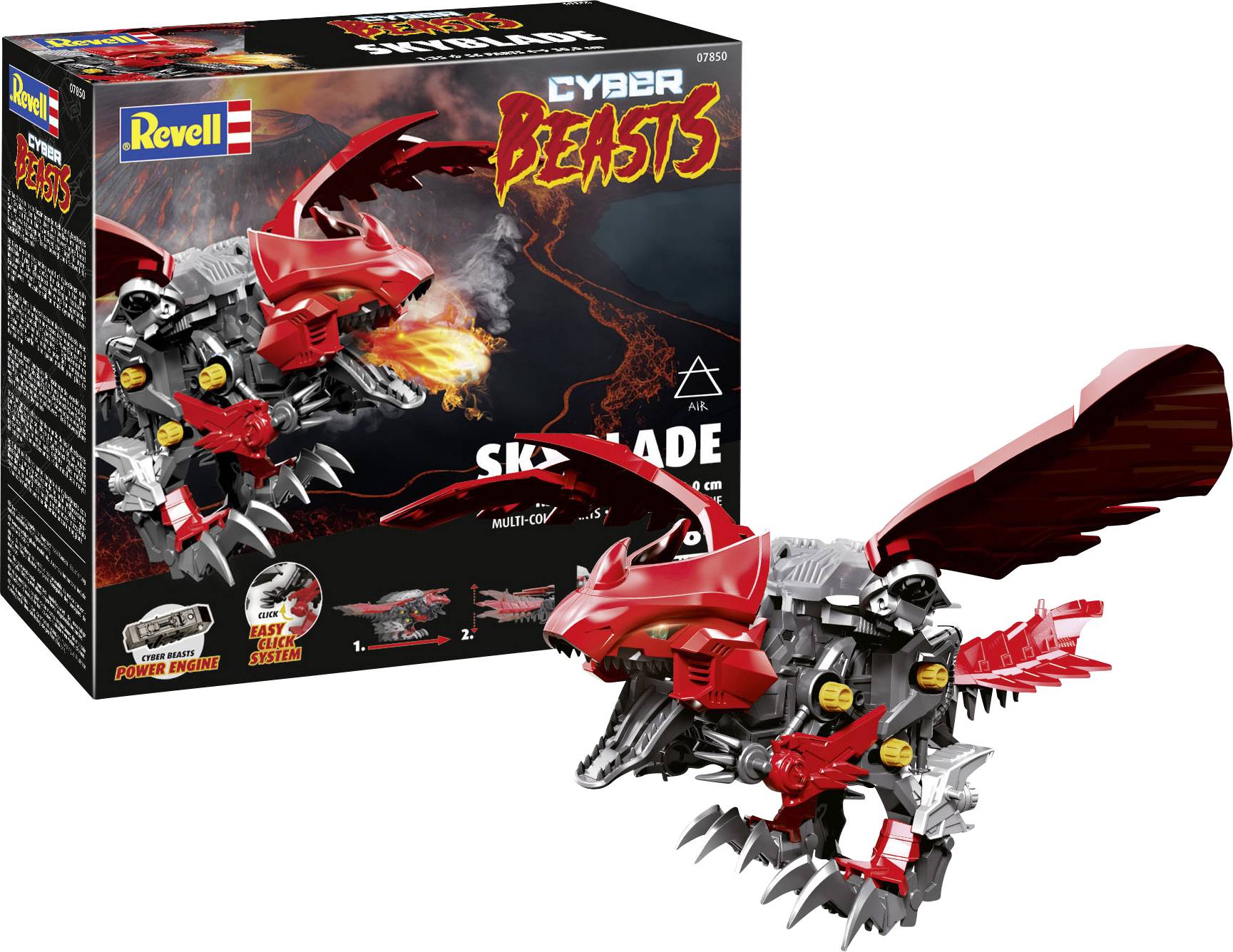 A model kit from Revell's 'Cyber Beasts' depicts a fire-breathing dragon called Sky Raptor, complete with wings and claws.