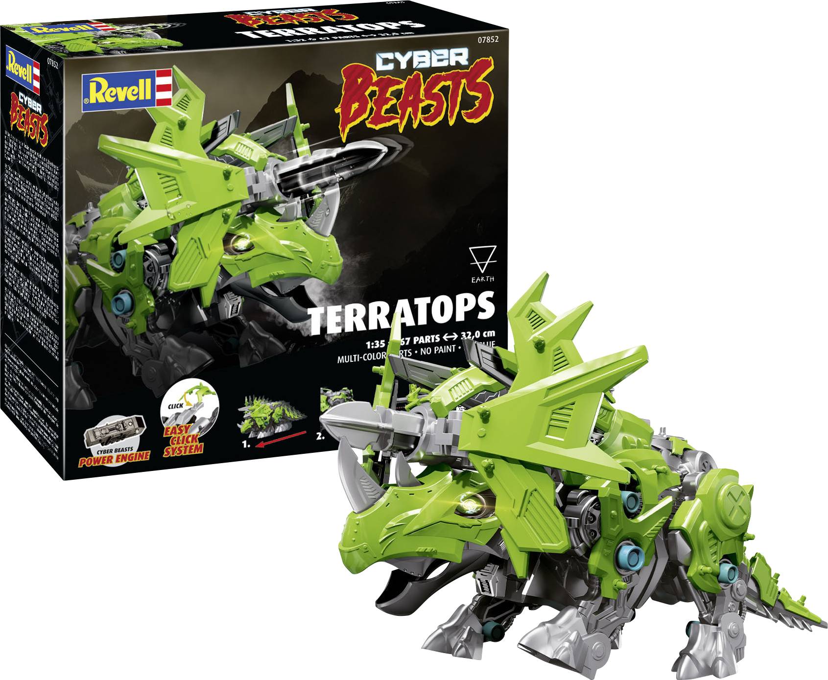 Revell Cyber Beasts 'Terratops' Model Kit: Green, mechanical dinosaur with 153 parts, suitable for children.