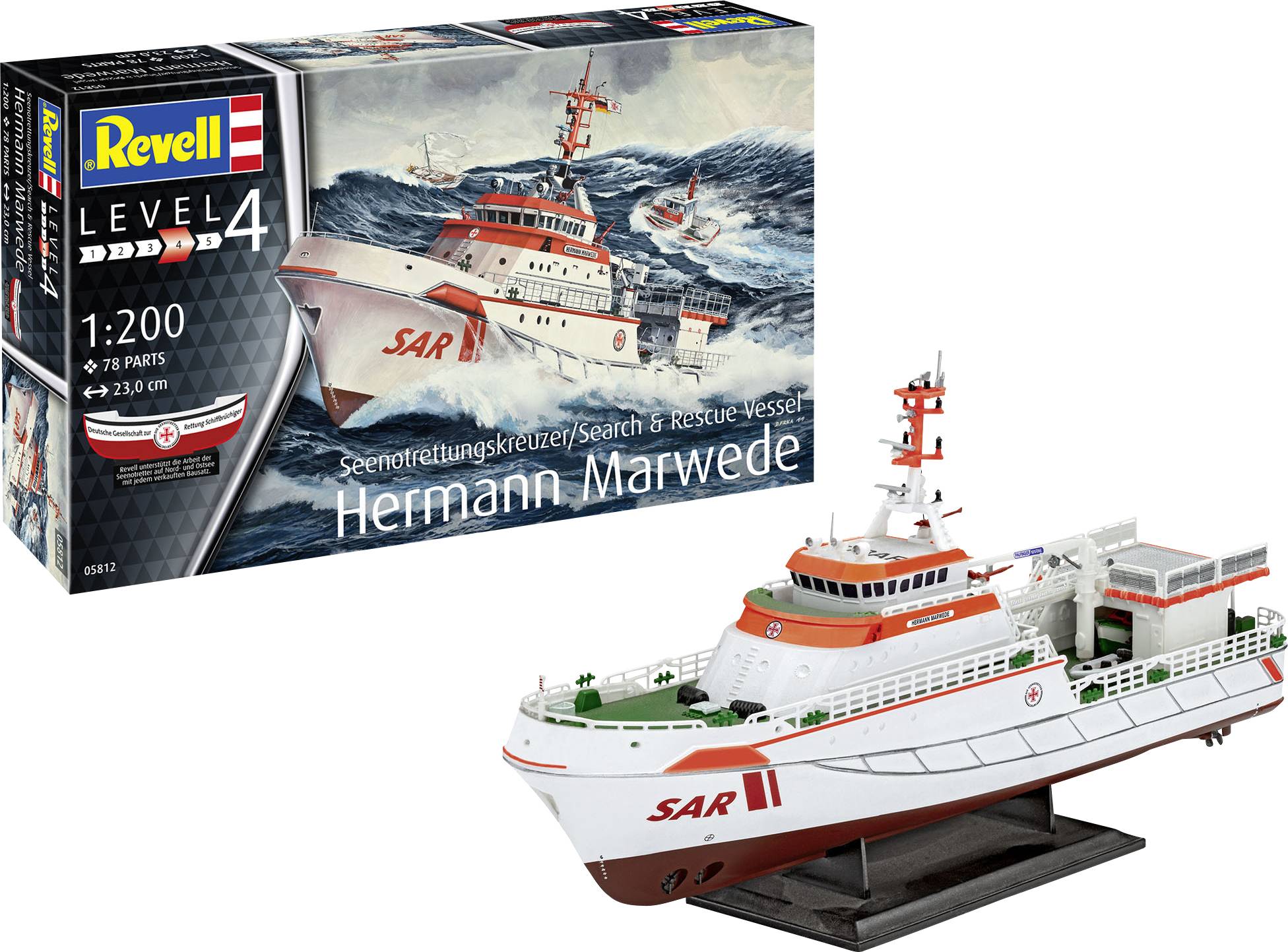 Kit for the 'Hermann Marwede', a sea rescue cruiser, accurately scaled for model representation. Packaging and completed ship model illustrated.