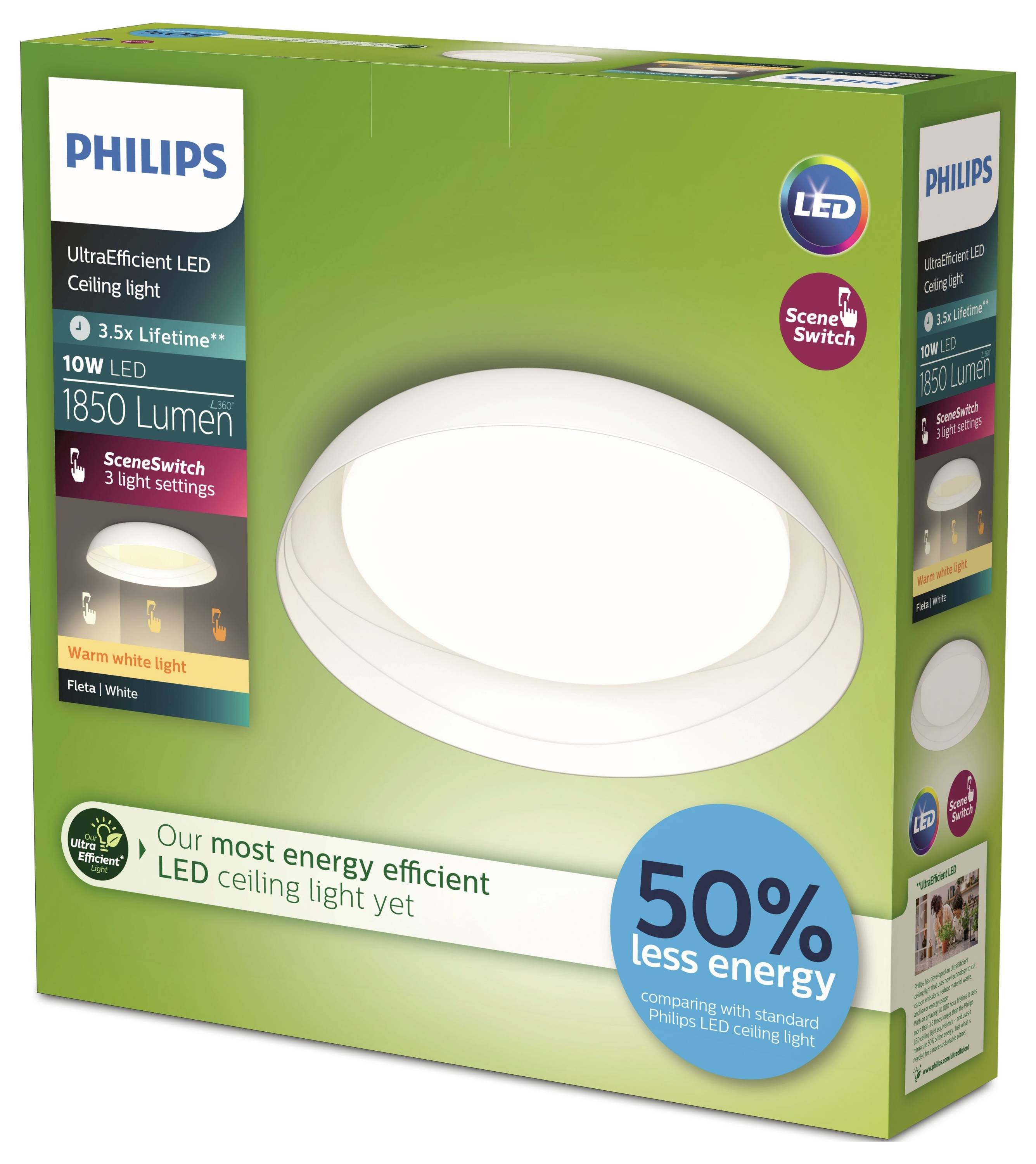 Lamp packaging with Philips logo. Light source 1850 lumens, 10W LED, triple the lifespan, warm to white light colours.