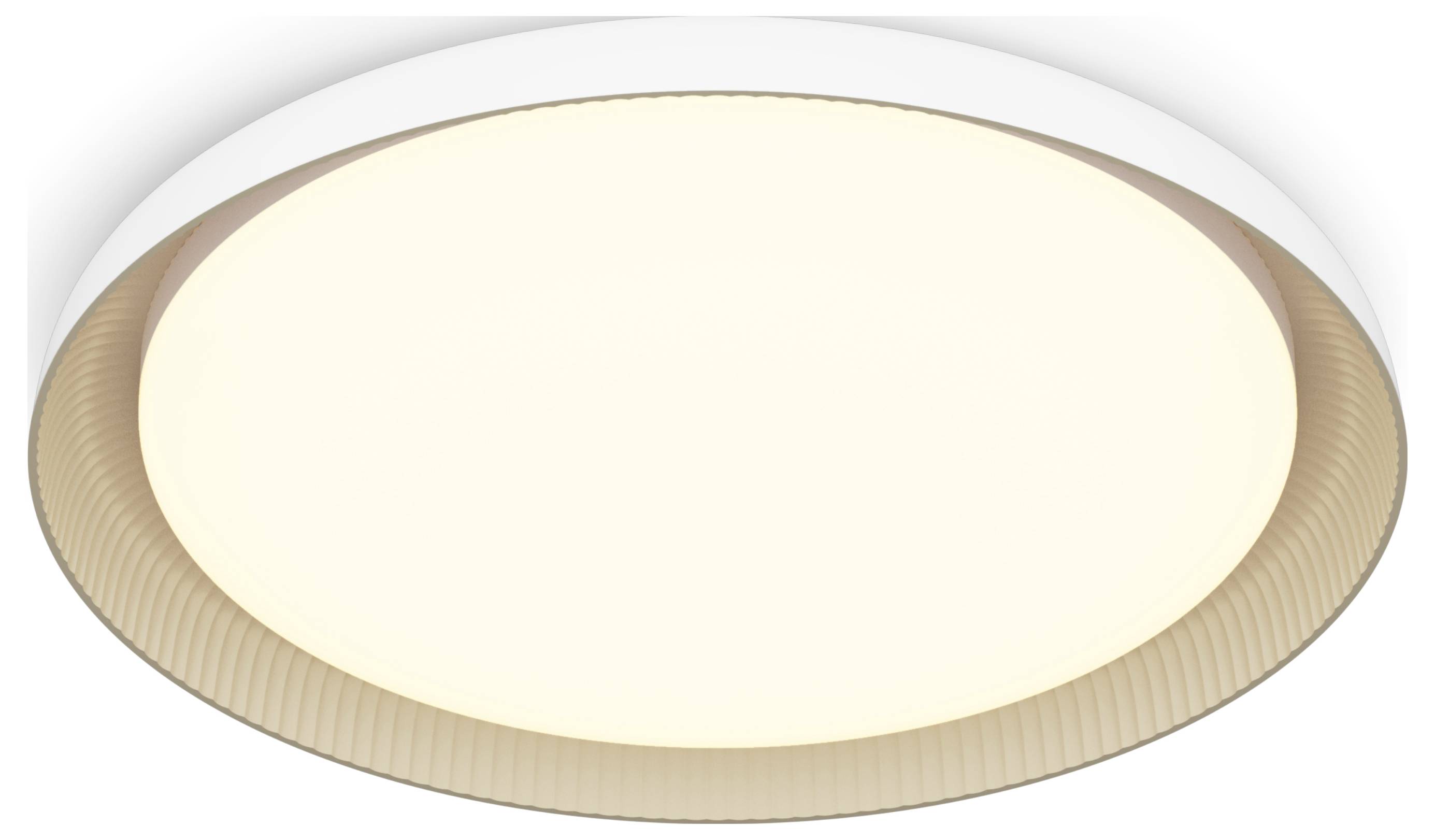 Round, modern ceiling light with warm white light, suitable for general room illumination.