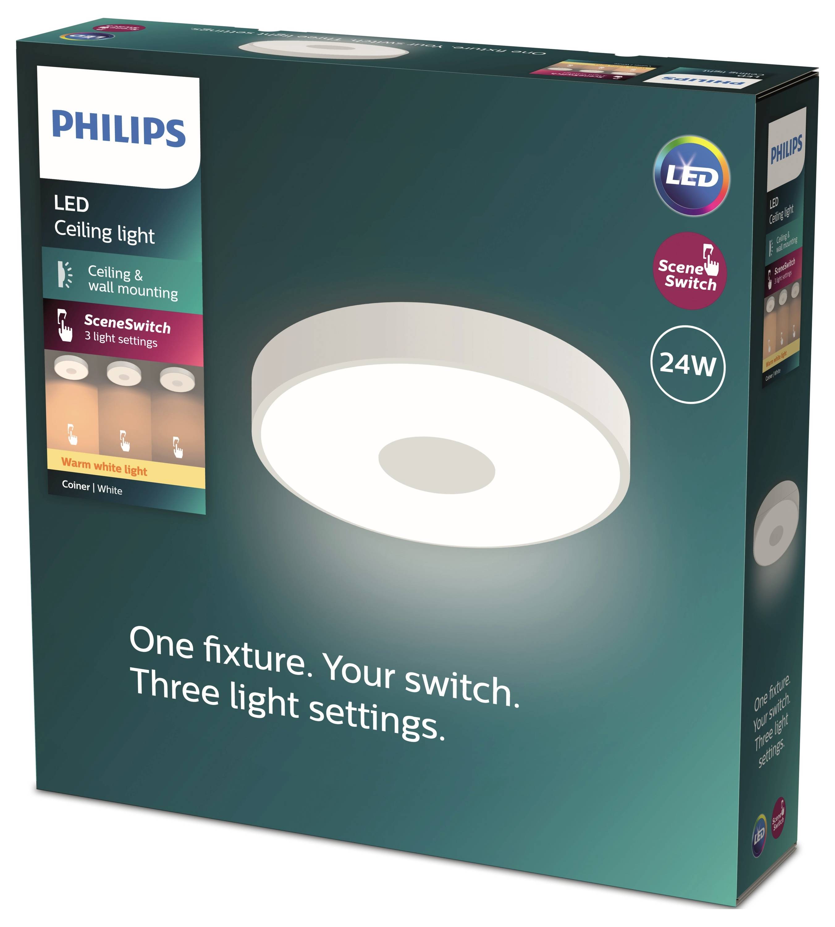 'Philips LED Ceiling Light' Packaging, showing a white round light fixture. Text: 'One Light. Your Switch. Three Light Settings.'