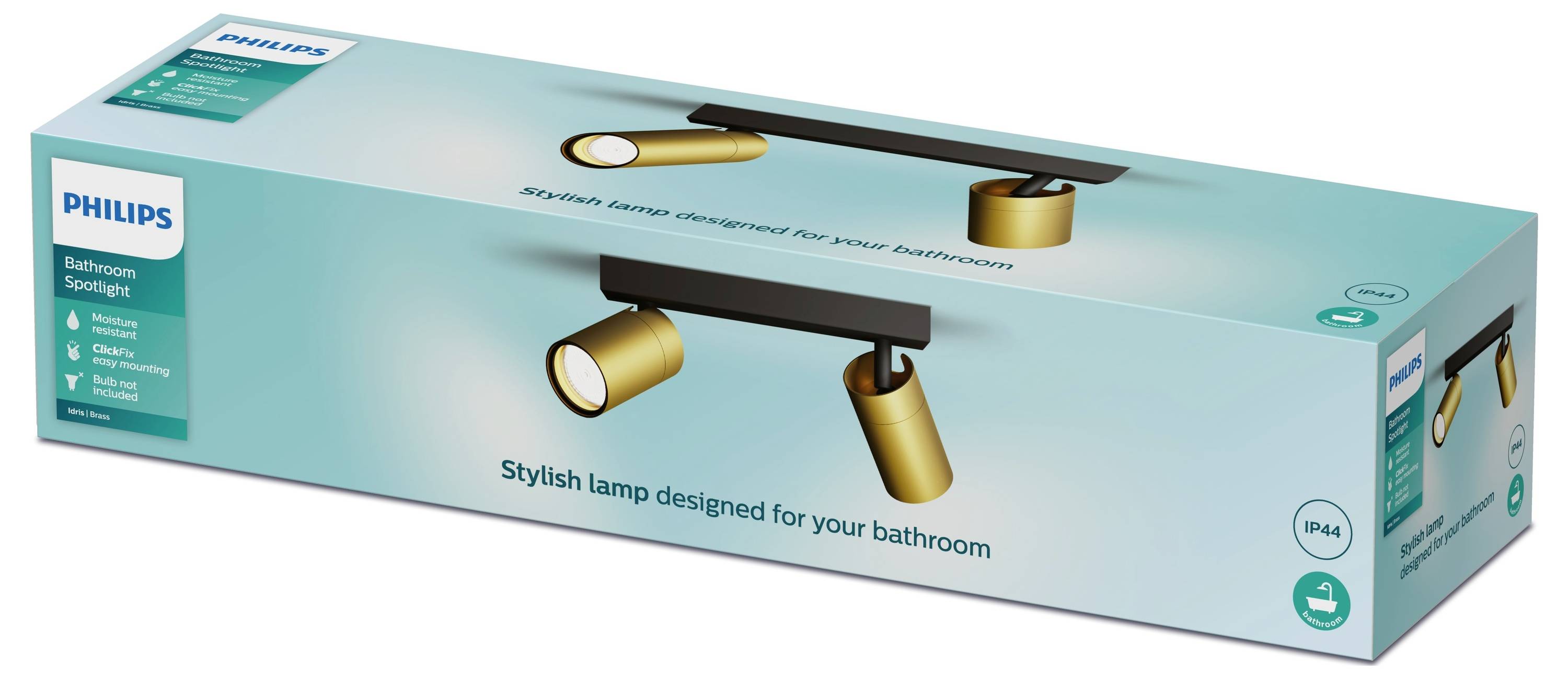 Packaging for a bathroom lamp with two golden spotlights. Brand name and slogan: Stylish lamp designed for your bathroom.