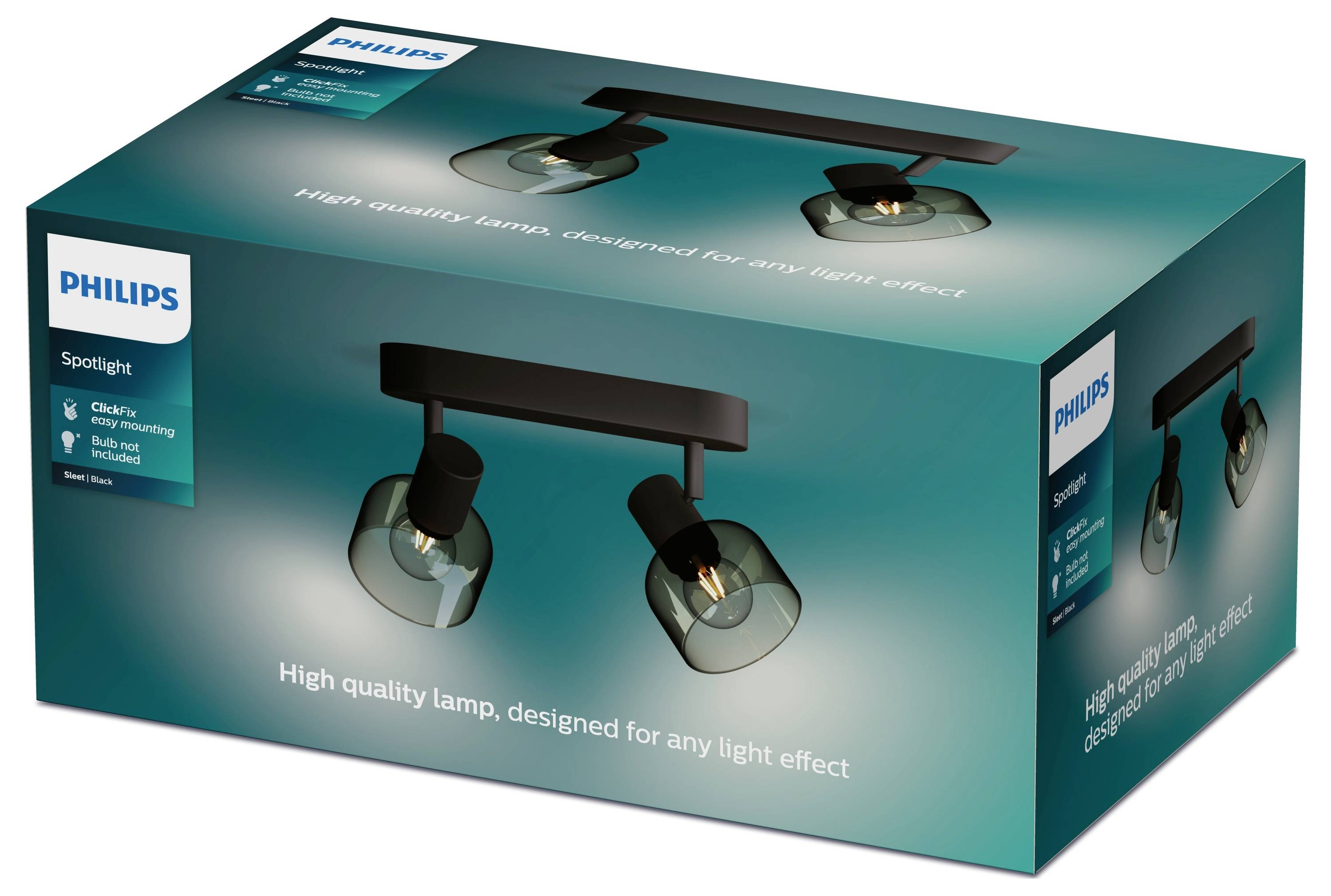 Verpackung einer Philips Spotlight-Lampe mit zwei schwarzen Spots. Aufschrift: 'High quality lamp, designed for any light effect'.