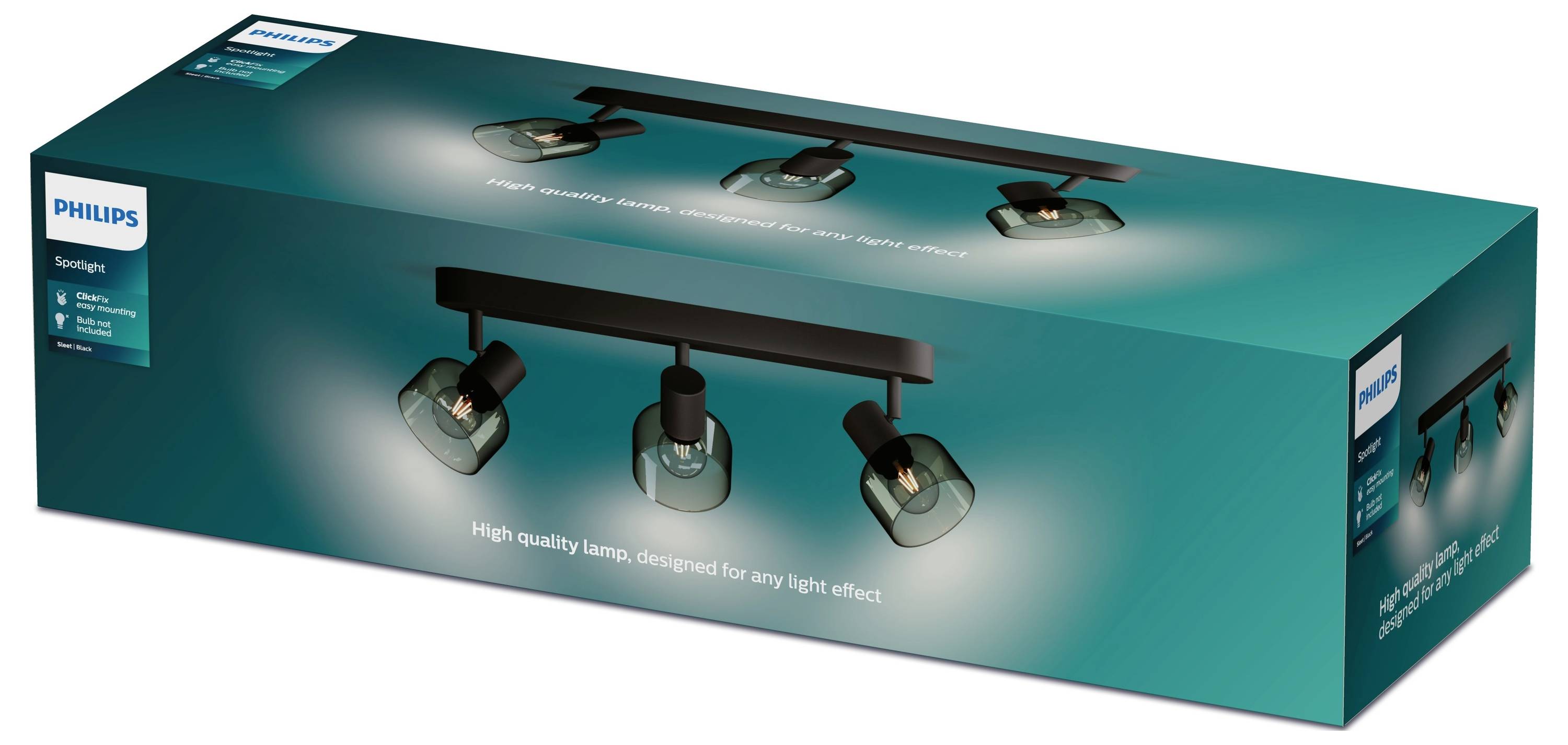 Packaging for a Philips ceiling light with three black spotlights. Text: 'High-quality lamp, designed for every lighting effect'.