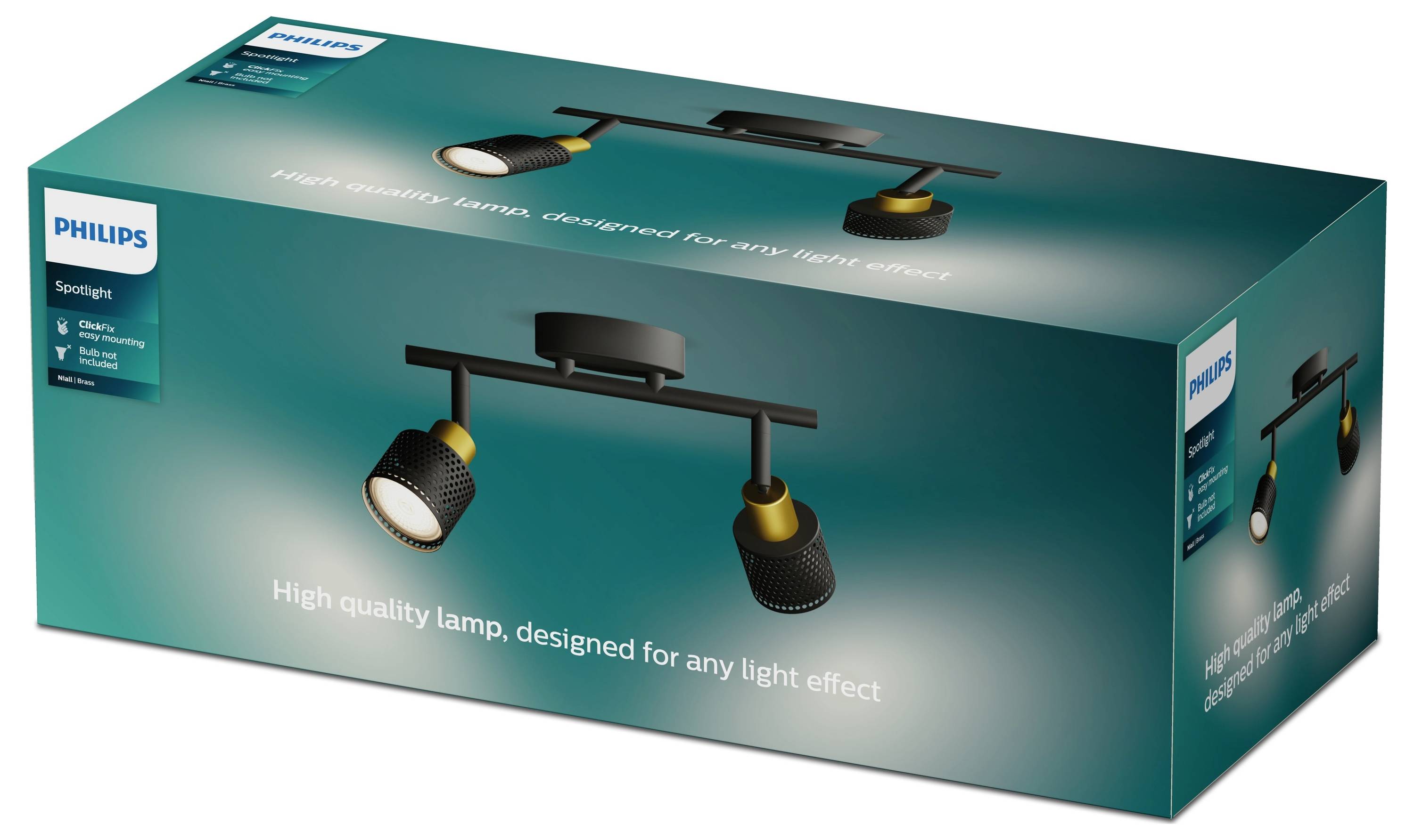 Packaging for a Philips ceiling lamp with two black spotlights and golden accents, designed for various lighting effects.