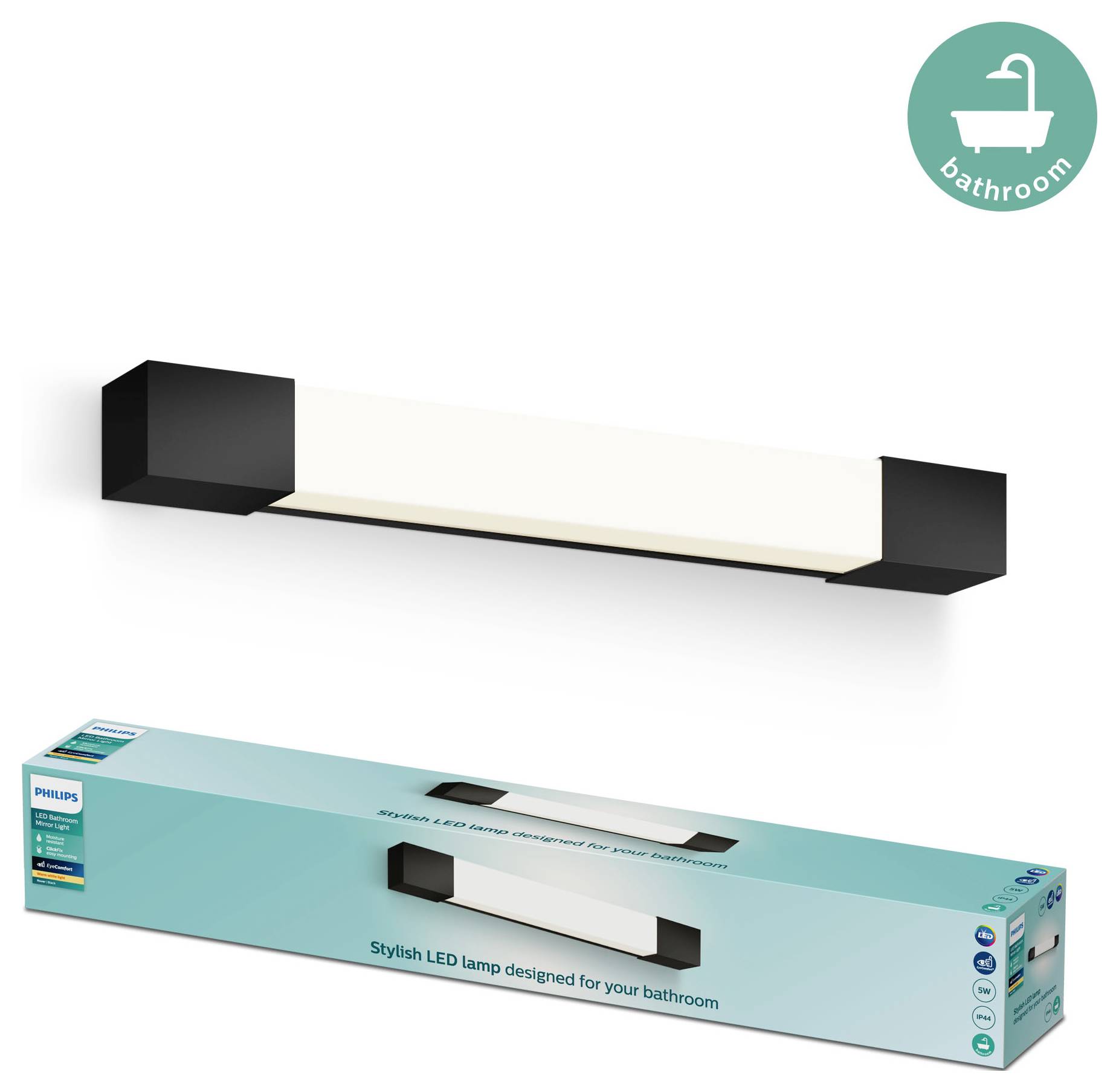 Stylish LED bathroom light in a rectangular design, black and white, suitable for bathroom lighting, packaged with product image and information.