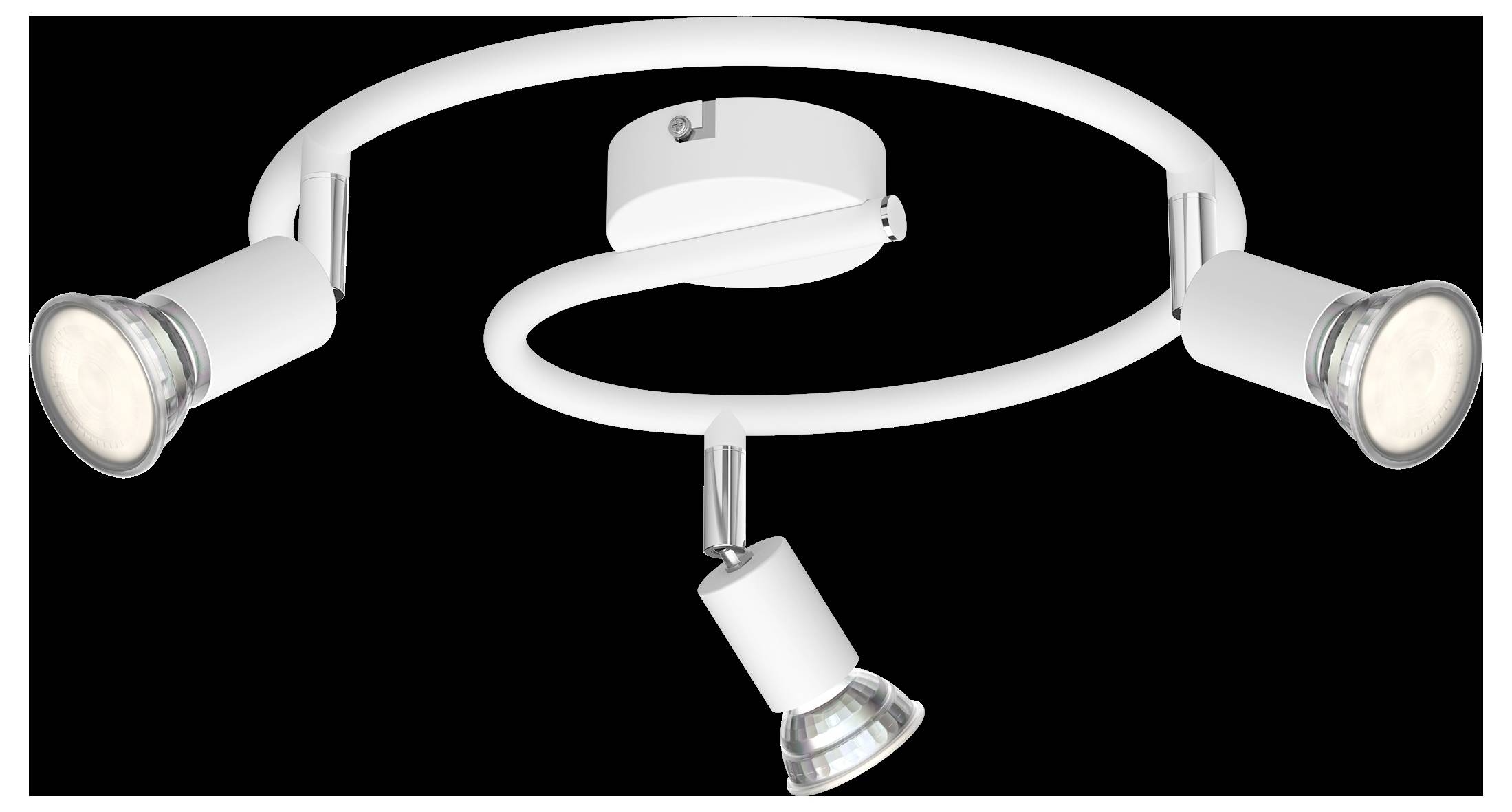 White ceiling light with three adjustable spotlights in a spiral arrangement. Suitable for accent lighting in modern interiors.