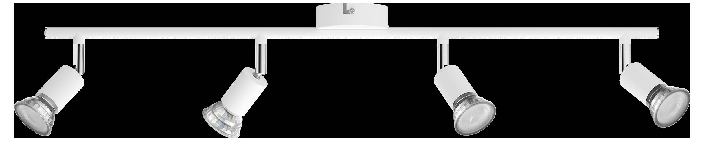 Four-beam, white ceiling spotlight set with adjustable spots for targeted lighting.