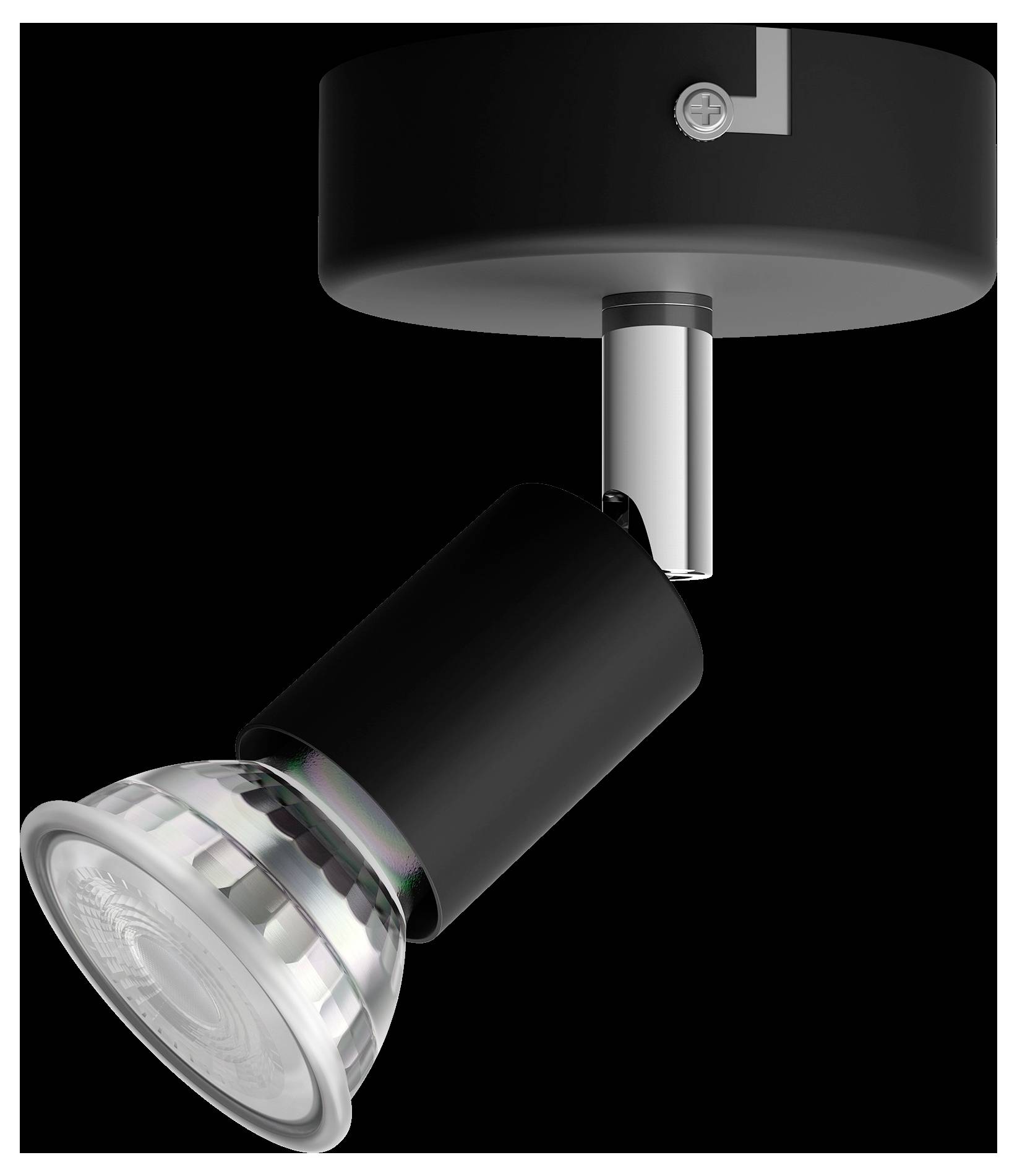 Black ceiling spotlight with adjustable bracket and silver lamp head, suitable for targeted lighting in interior spaces.
