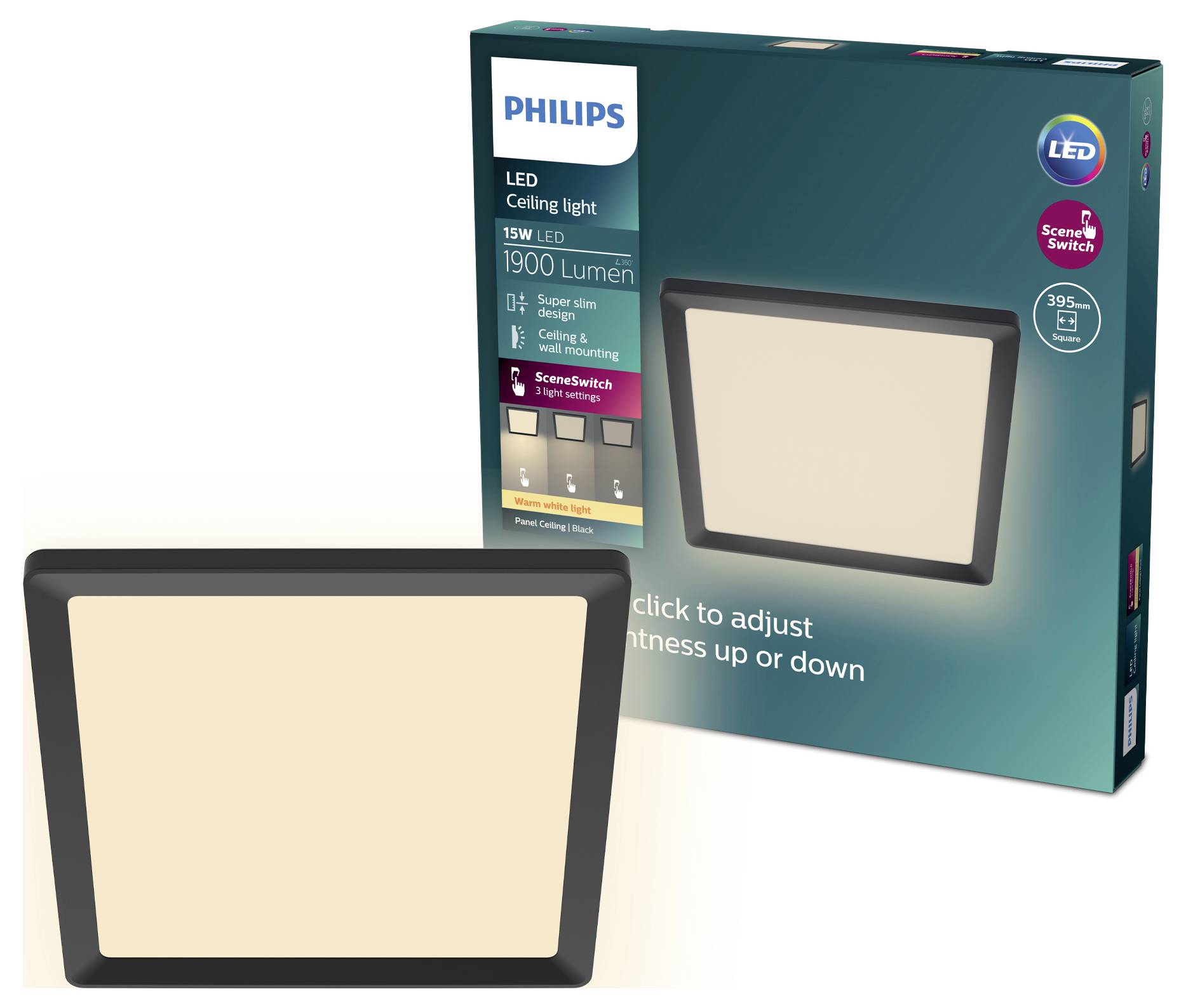 Philips LED Ceiling Light, 15W, 1900 Lumens, Ultra-Slim Design, Dimmable, Suitable for Low Ceilings, 50,000 Hours Lifespan.