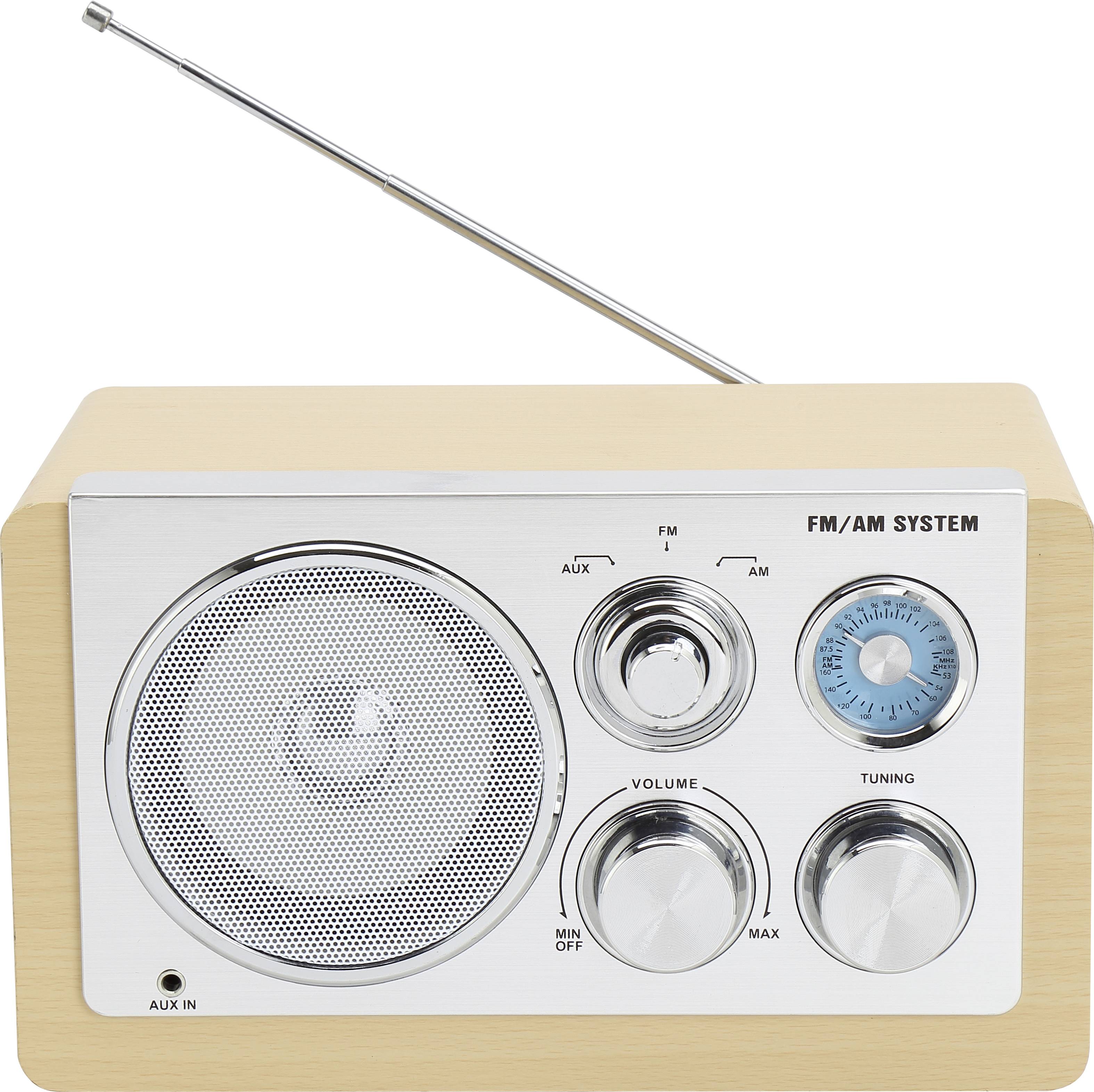 A vintage FM/AM radio with a wooden cabinet, large speaker on the left, and three rotary knobs on the right for volume and frequency selection.