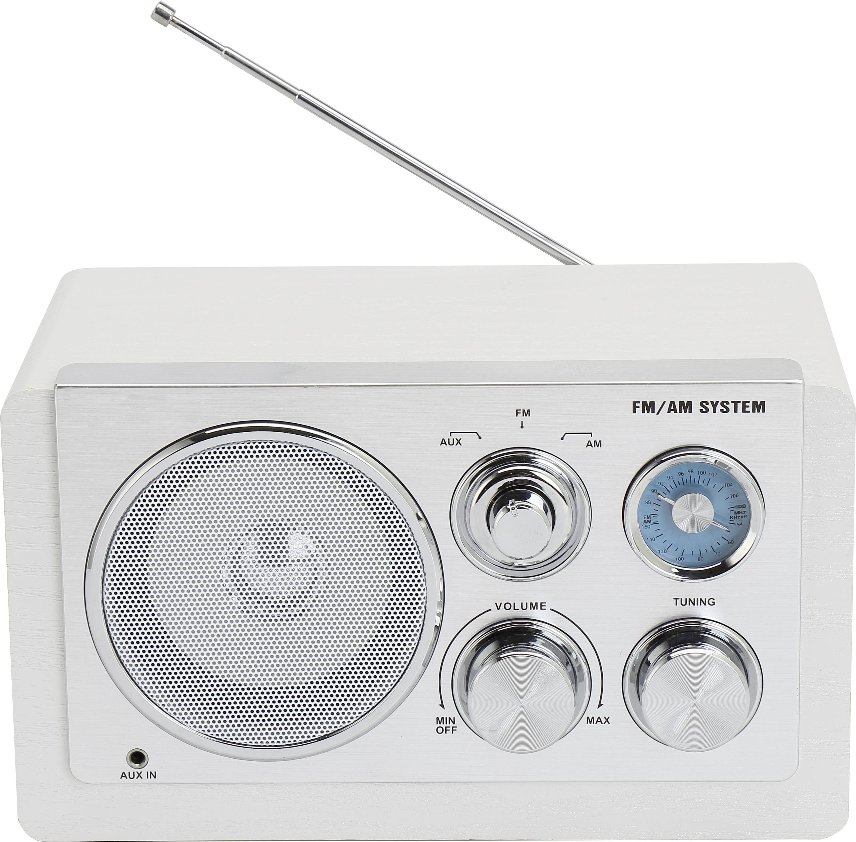 A white retro radio with FM/AM system. It has a speaker on the left, controls for volume and station selection on the right, and an aerial on top.