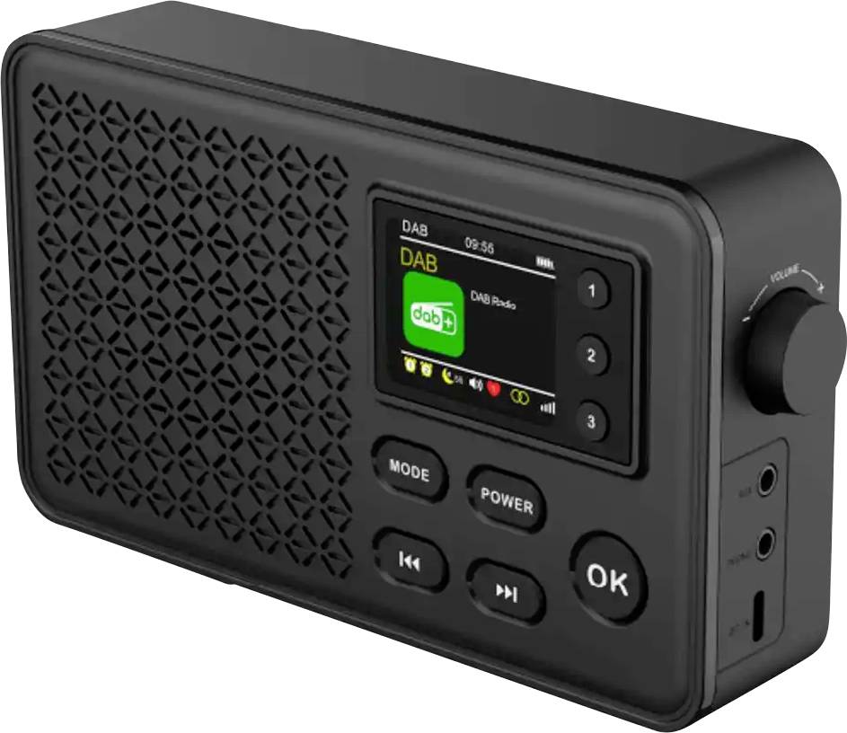 Black portable digital radio with DAB display, buttons for mode, power and OK, volume control and headphone socket.