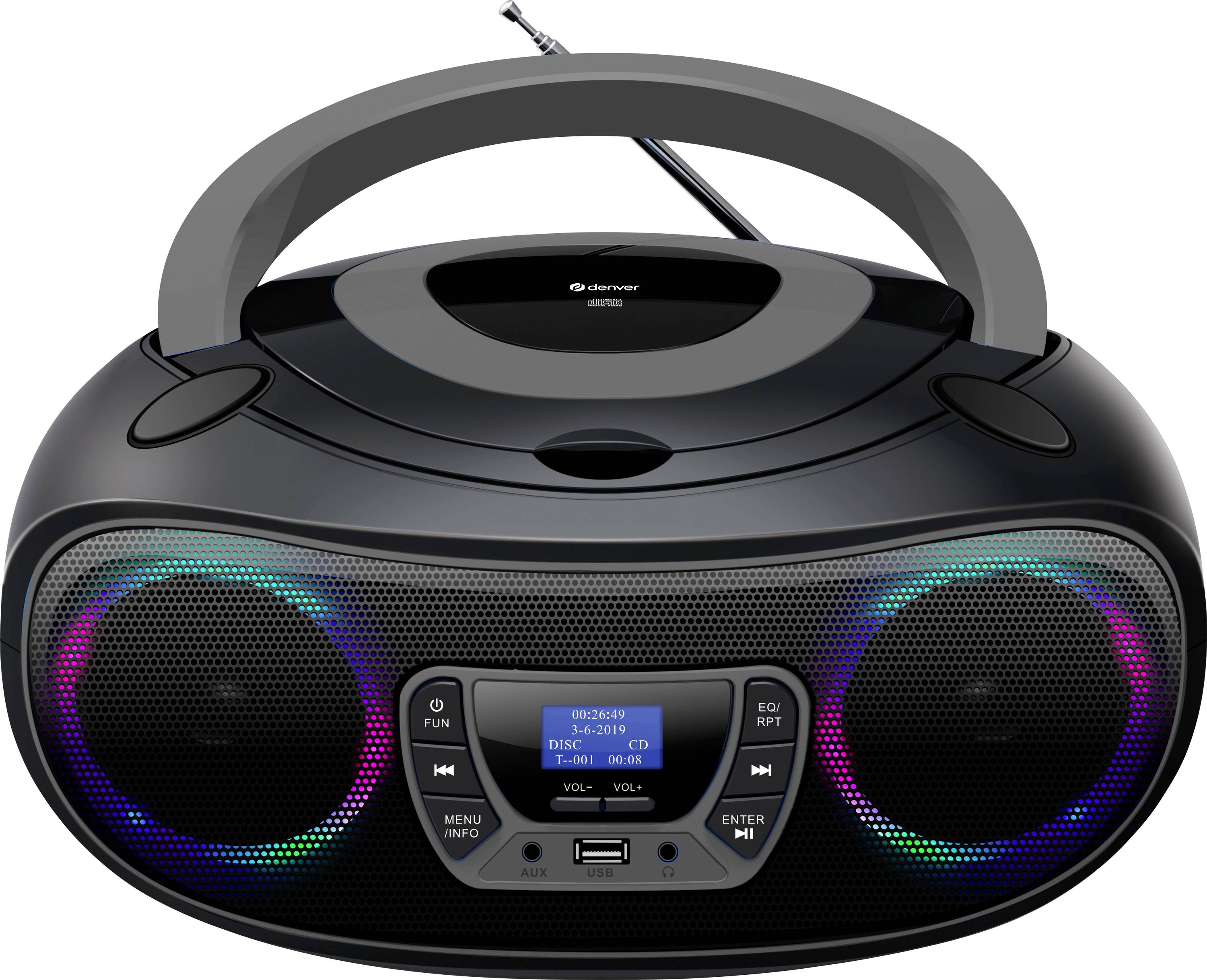 Portable CD player with radio, two speakers and colour-illuminated rings on a black casing.