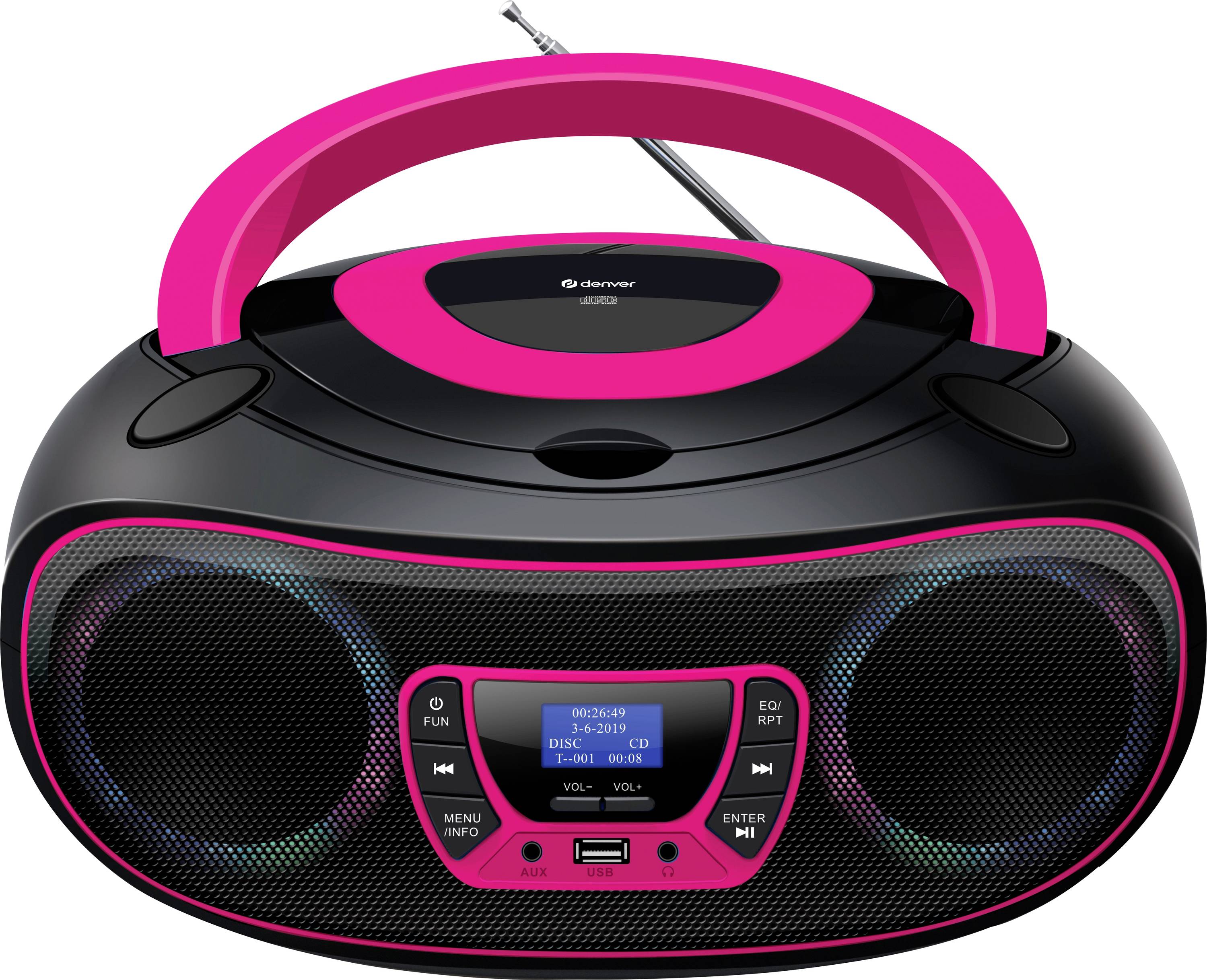 A portable CD player in black and pink with two speakers, an LCD display in the centre, and an aerial.