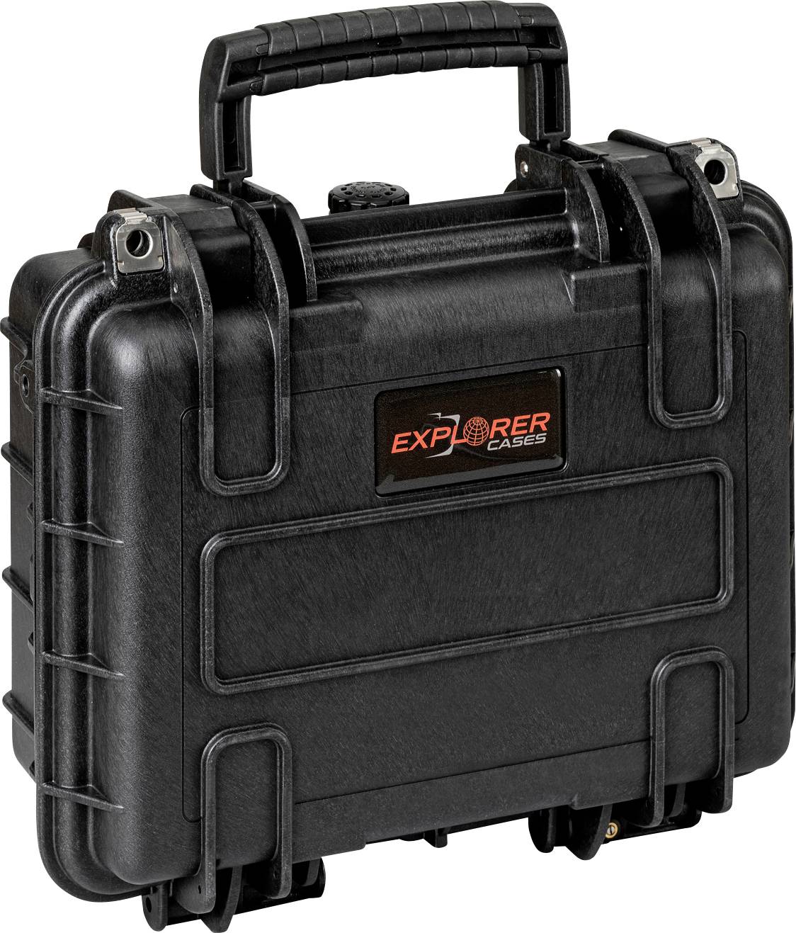 Black, robust hard-shell suitcase with carry handle, marked with 'Explorer Cases'. Suitable for secure transportation of delicate items.