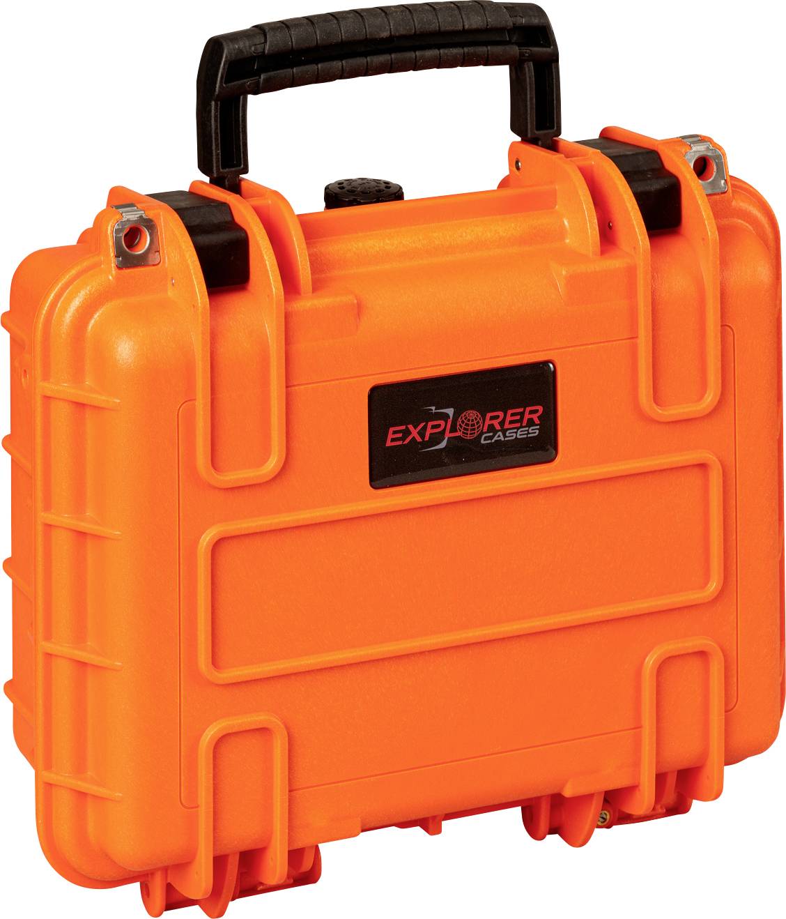 Orange, robust suitcase with a black handle, suitable for secure transportation and protection of delicate equipment.