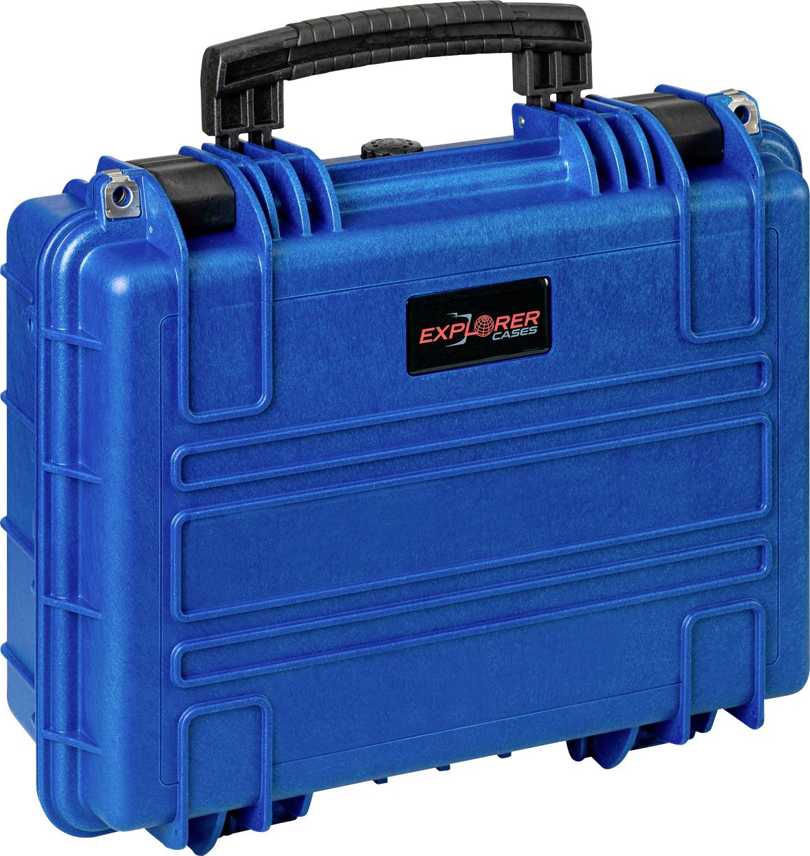 Blue transport case with black handle, robust design. Label reads: 'Explorer Case'.