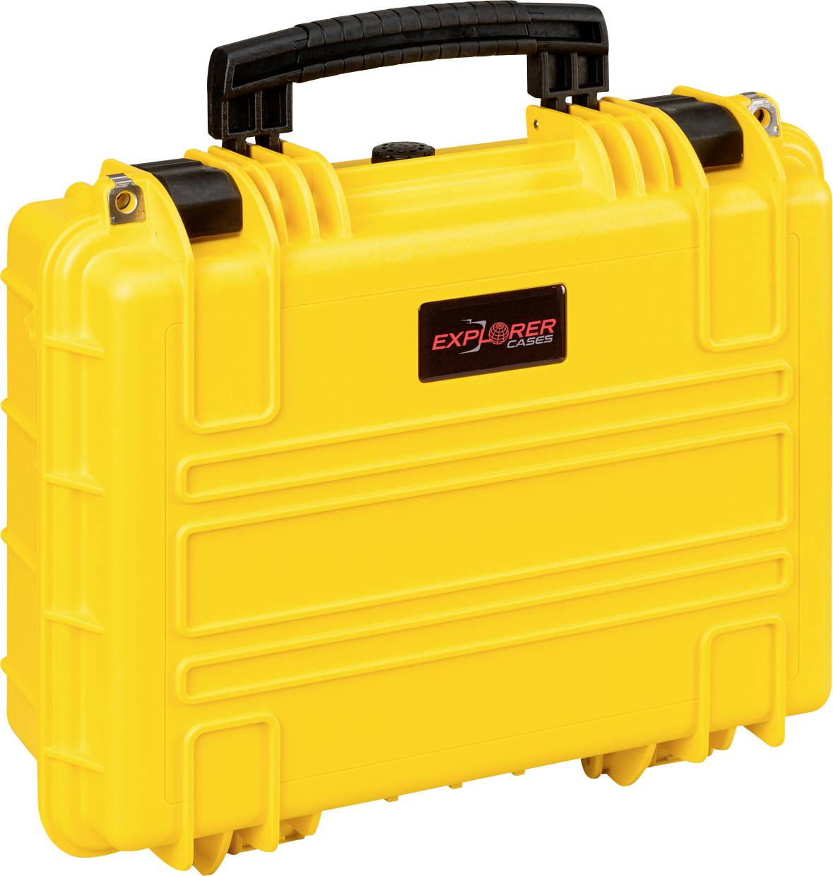 A yellow, robust suitcase with a black handle, suitable for the secure transportation of delicate equipment.