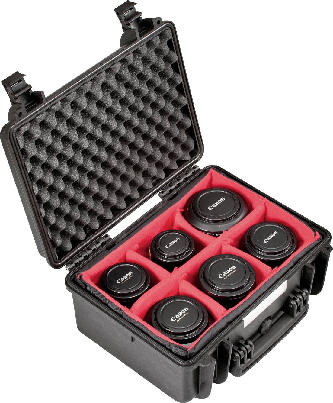An open, black camera bag with six camera lenses secured in foam padding.