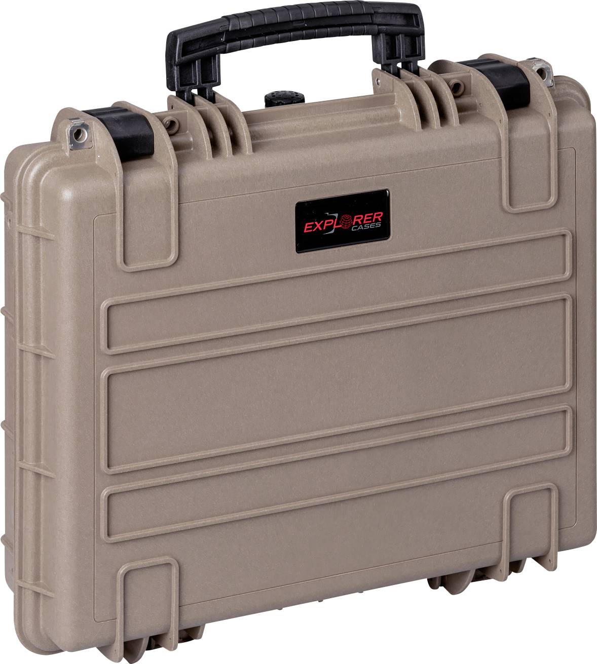Portable, robust protective case with handle, beige, suitable for safely transporting delicate equipment.