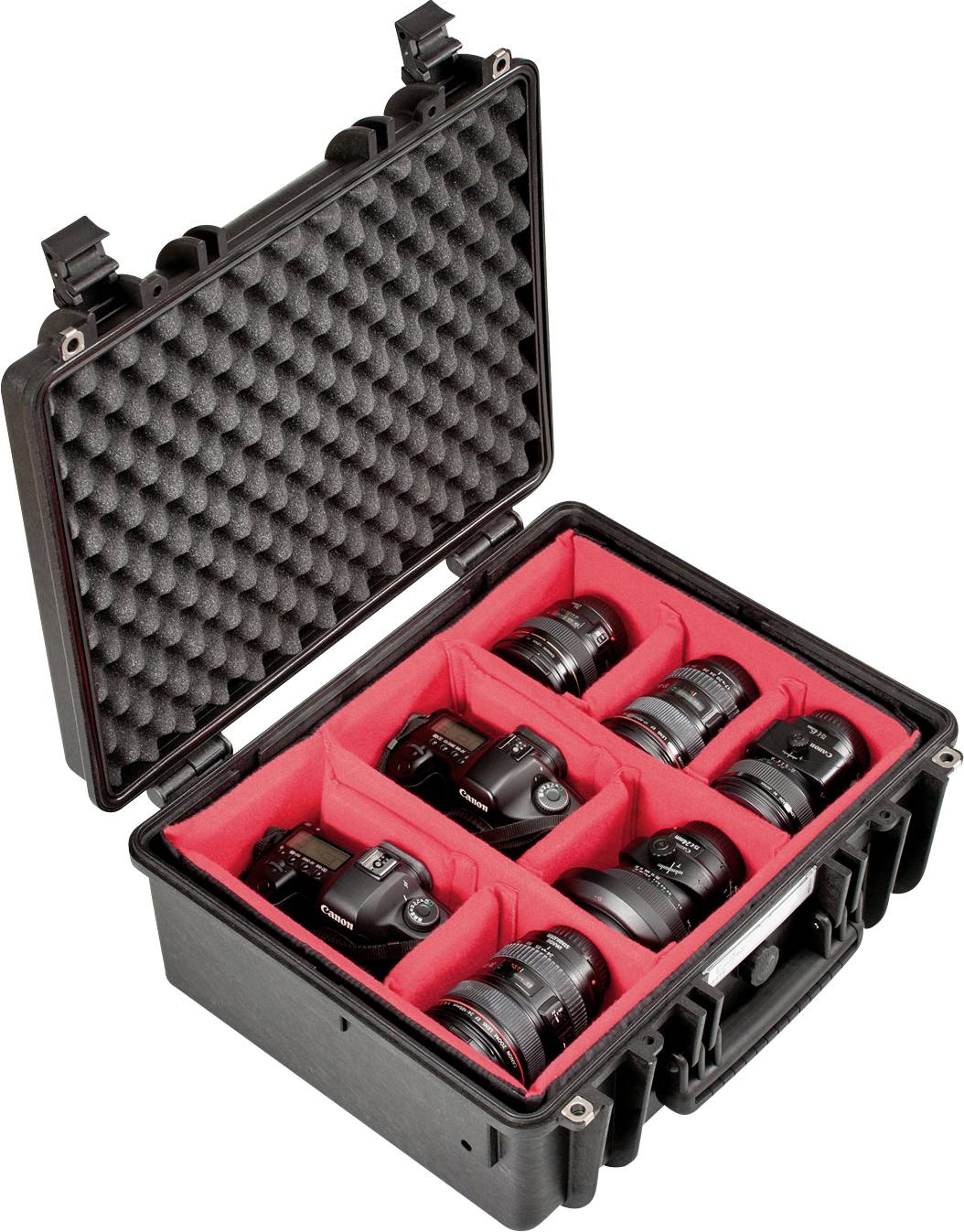 Black hard-shell case with red interior, containing multiple camera lenses. The case is open, displaying the lenses.