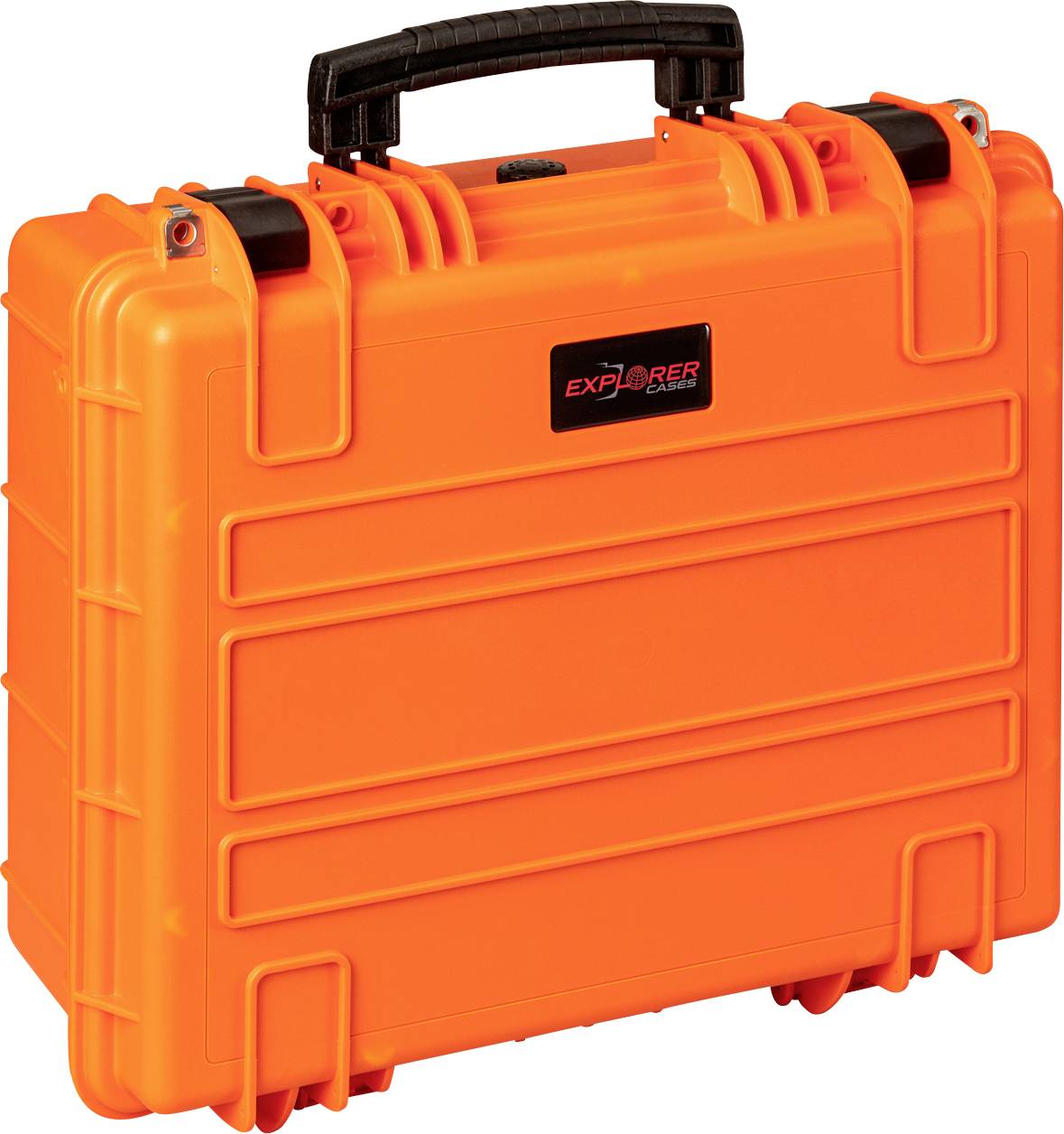 Orange, robust suitcase with black handle and locks. 'Explorer Cases' label on the front.