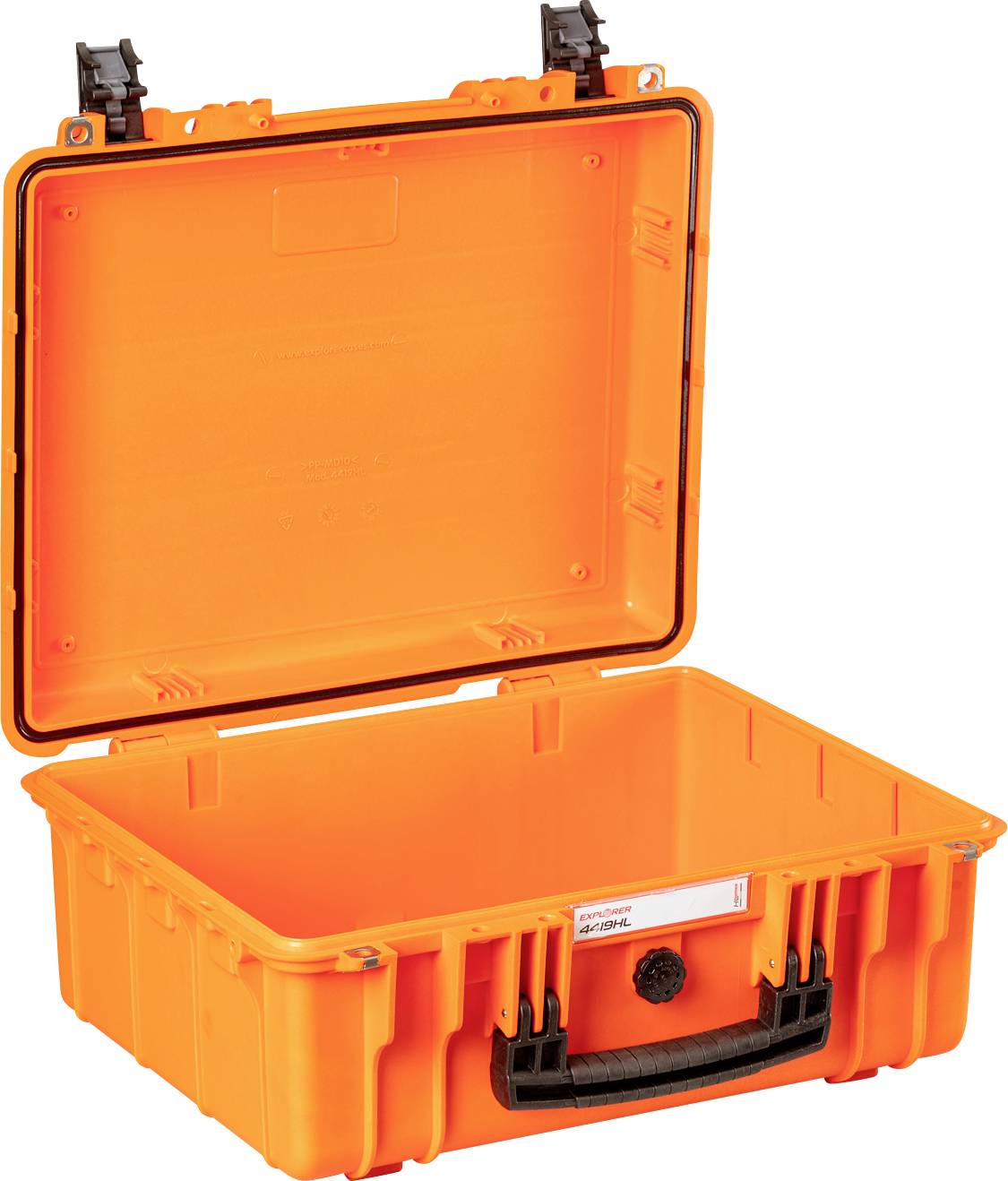 Orange, open safety case with foam lining and snap locks, suitable for protecting sensitive equipment.