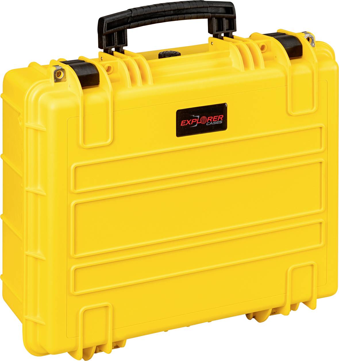 Yellow, robust suitcase with black handle, suitable for secure transportation. Includes the 'Explorer Cases' logo.