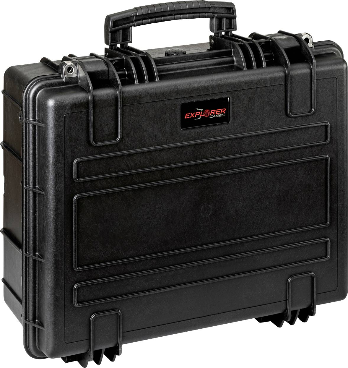 Black, robust transport case with handle and snap locks, designed for the secure transportation of delicate items.
