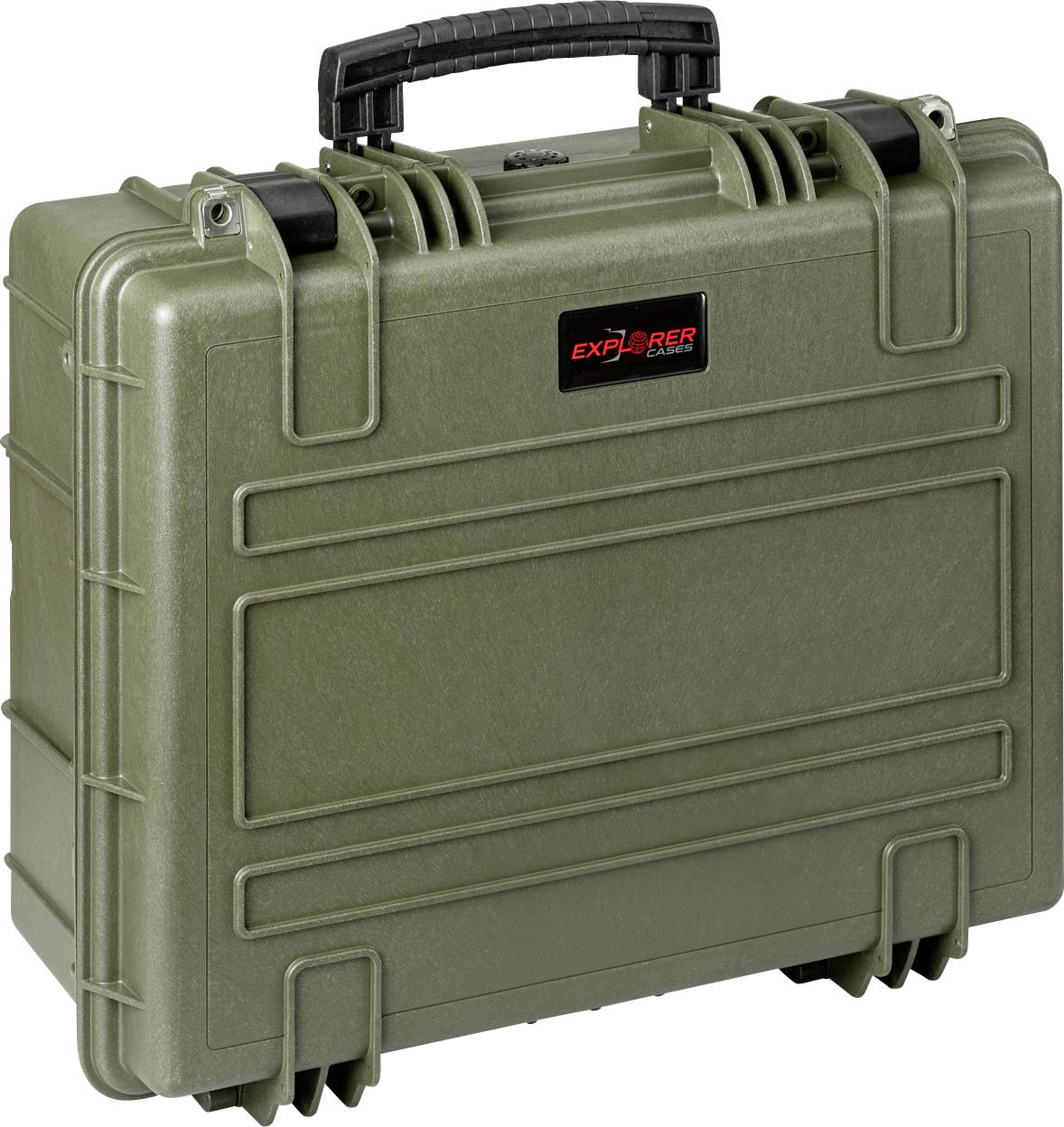 Green, robust hard-shell suitcase with a black handle and reinforced corners, indicating high durability and protection.