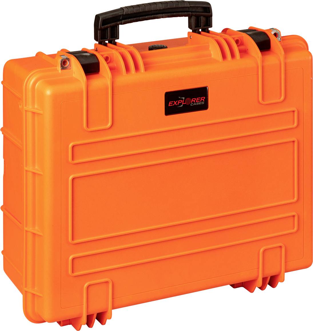 Hard, orange suitcase with a sturdy handle and reinforced corners, suitable for the secure transportation of delicate items.