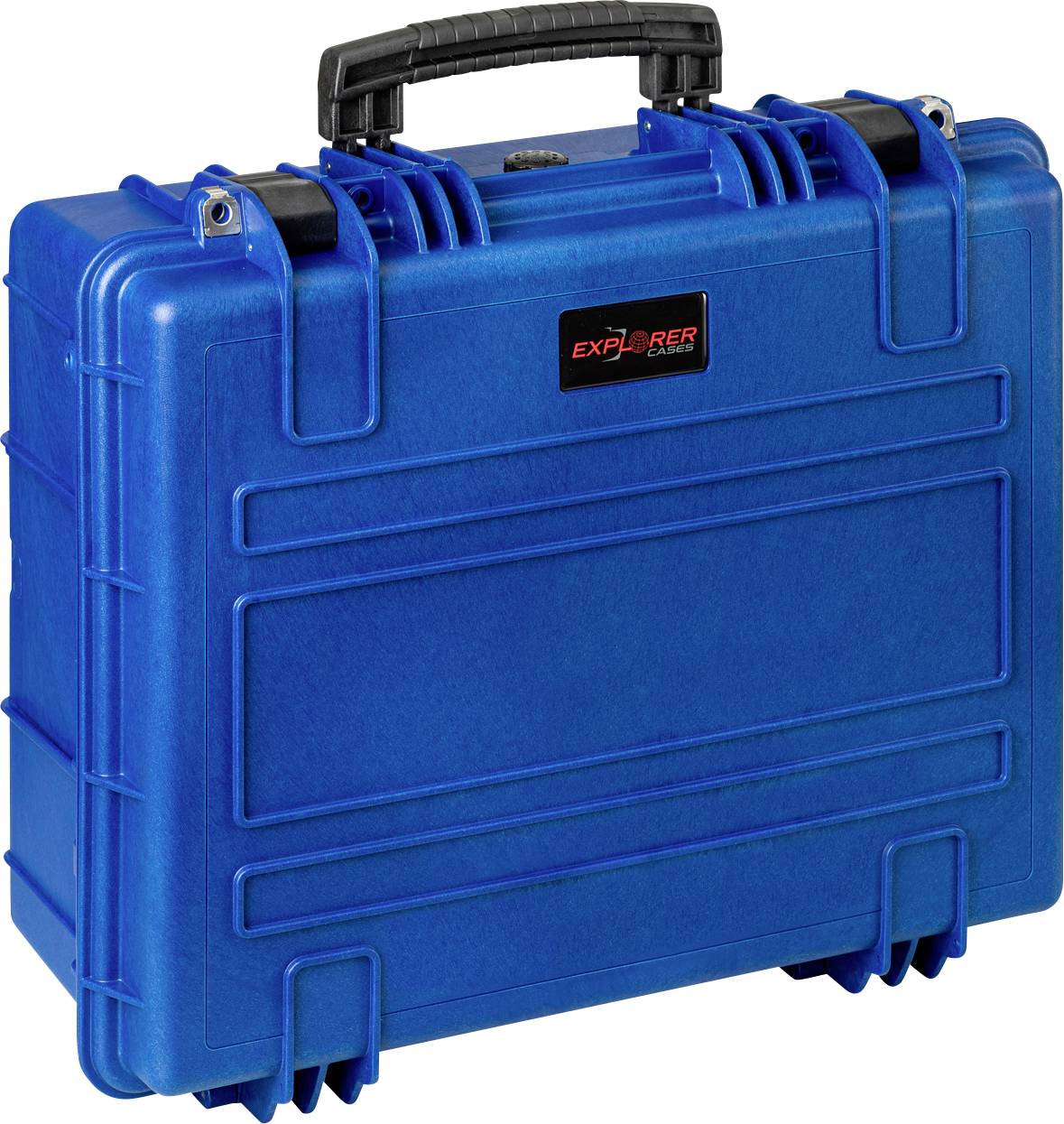 Blue, robust hard-shell suitcase with black handle, ideal for secure transportation and storage of delicate items.