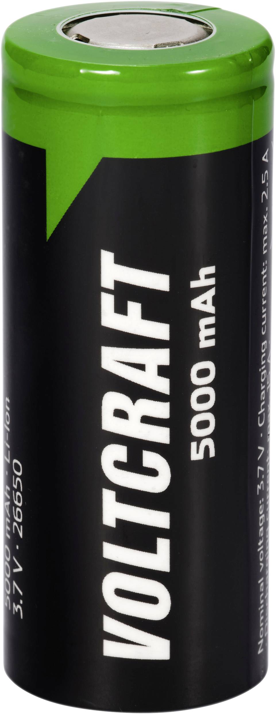 Rechargeable Voltcraft battery with 5000 mAh. Black with green end. Voltage: 3.7 V. Lithium-ion technology.
